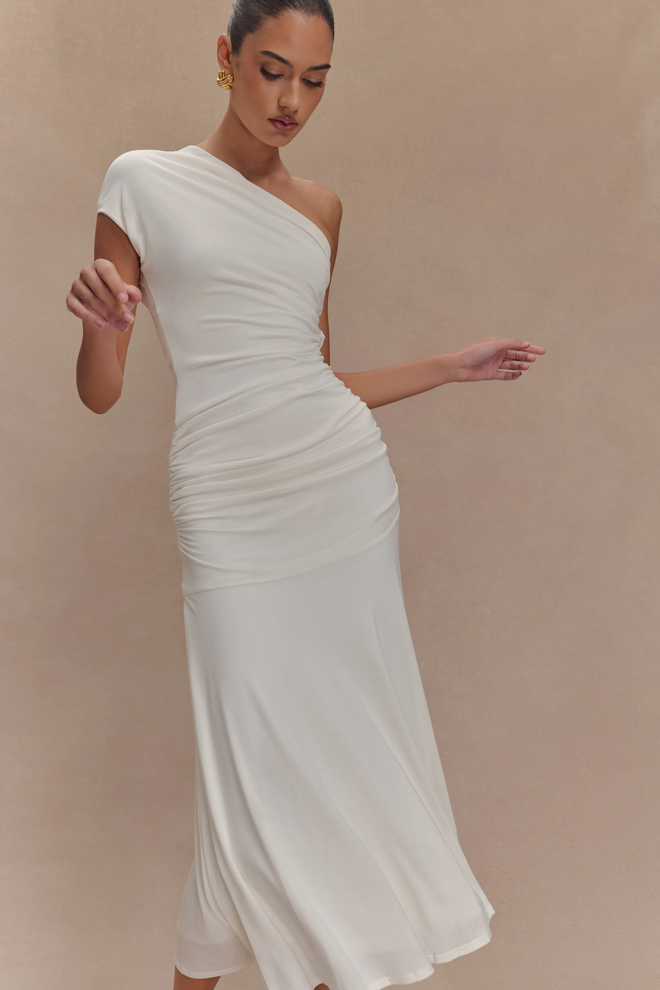 Lounge Mode Chloe Peached Jersey One Shoulder Midi Dress - Ivory