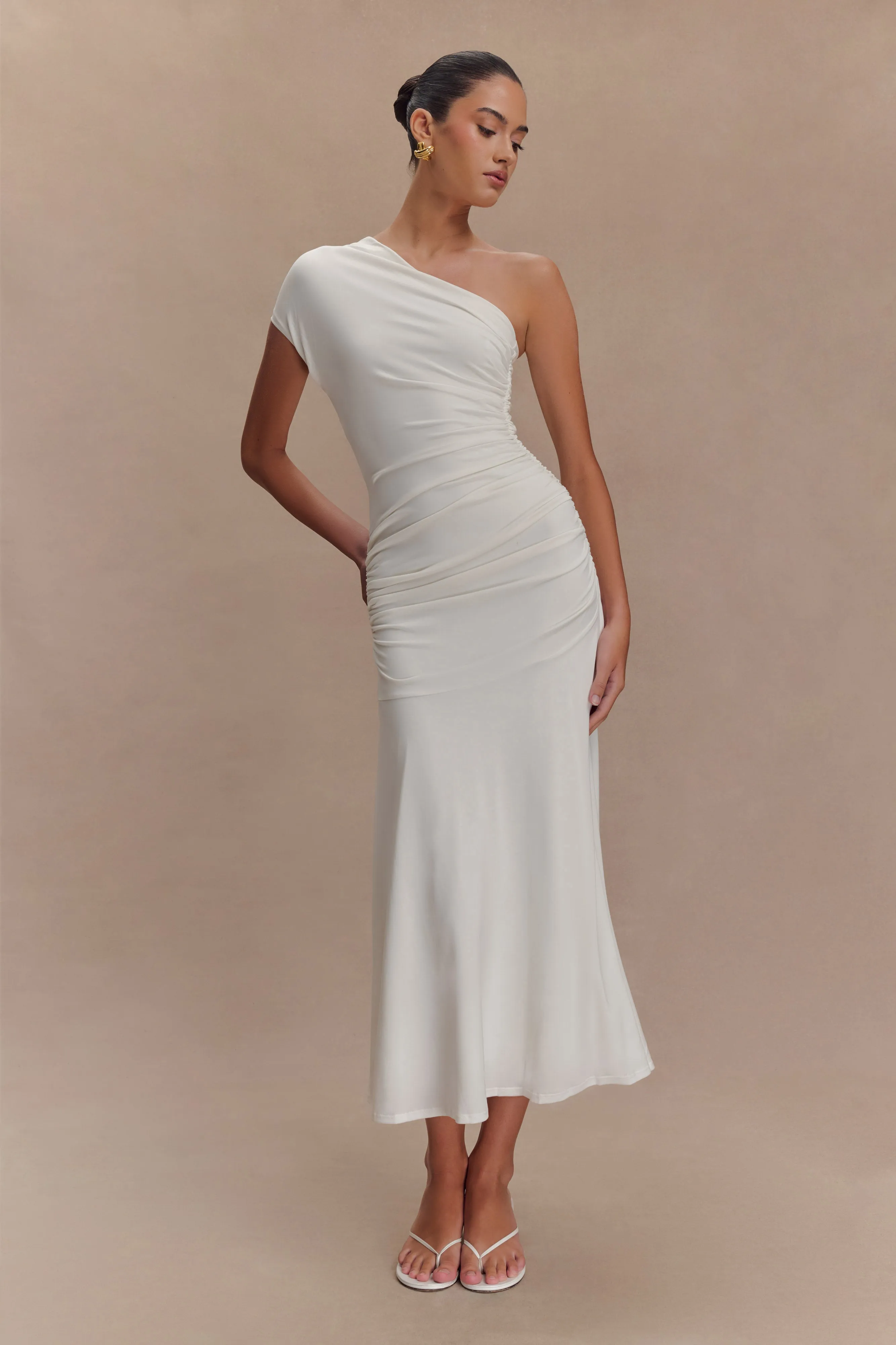 Rose Flush Bare Arm Chloe Peached Jersey One Shoulder Midi Dress - Ivory