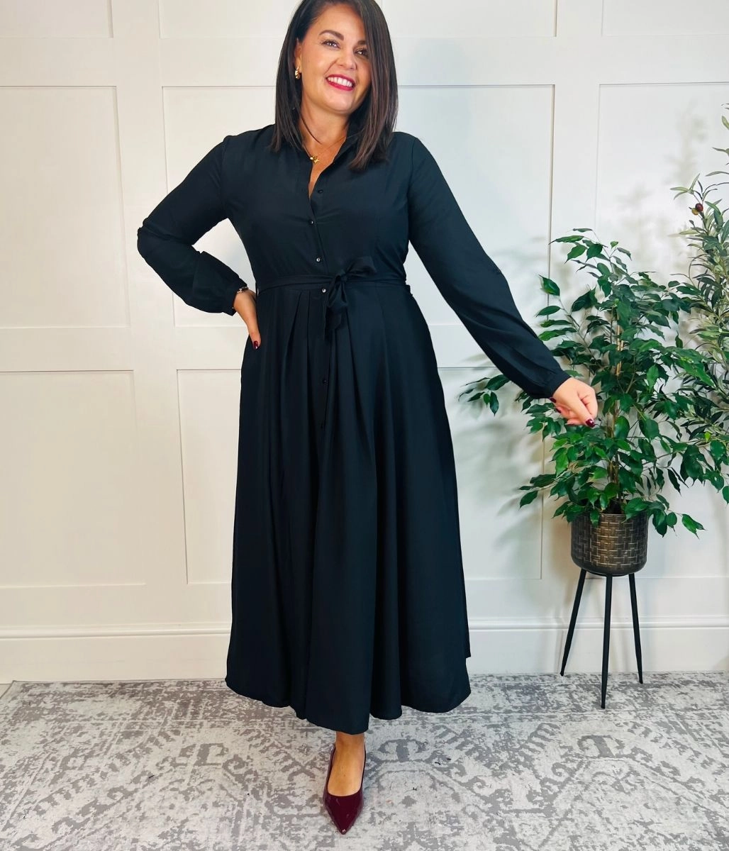 Calm Flow Natural Light Chrissie Black Belted Midaxi Shirt Dress