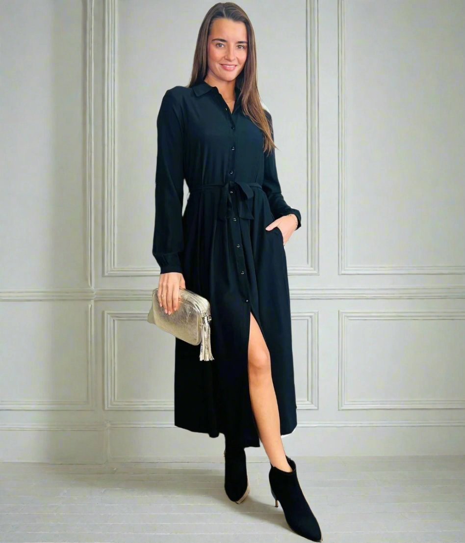 Fresh Energy Chrissie Black Belted Midaxi Shirt Dress
