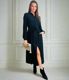 Fresh Energy Chrissie Black Belted Midaxi Shirt Dress