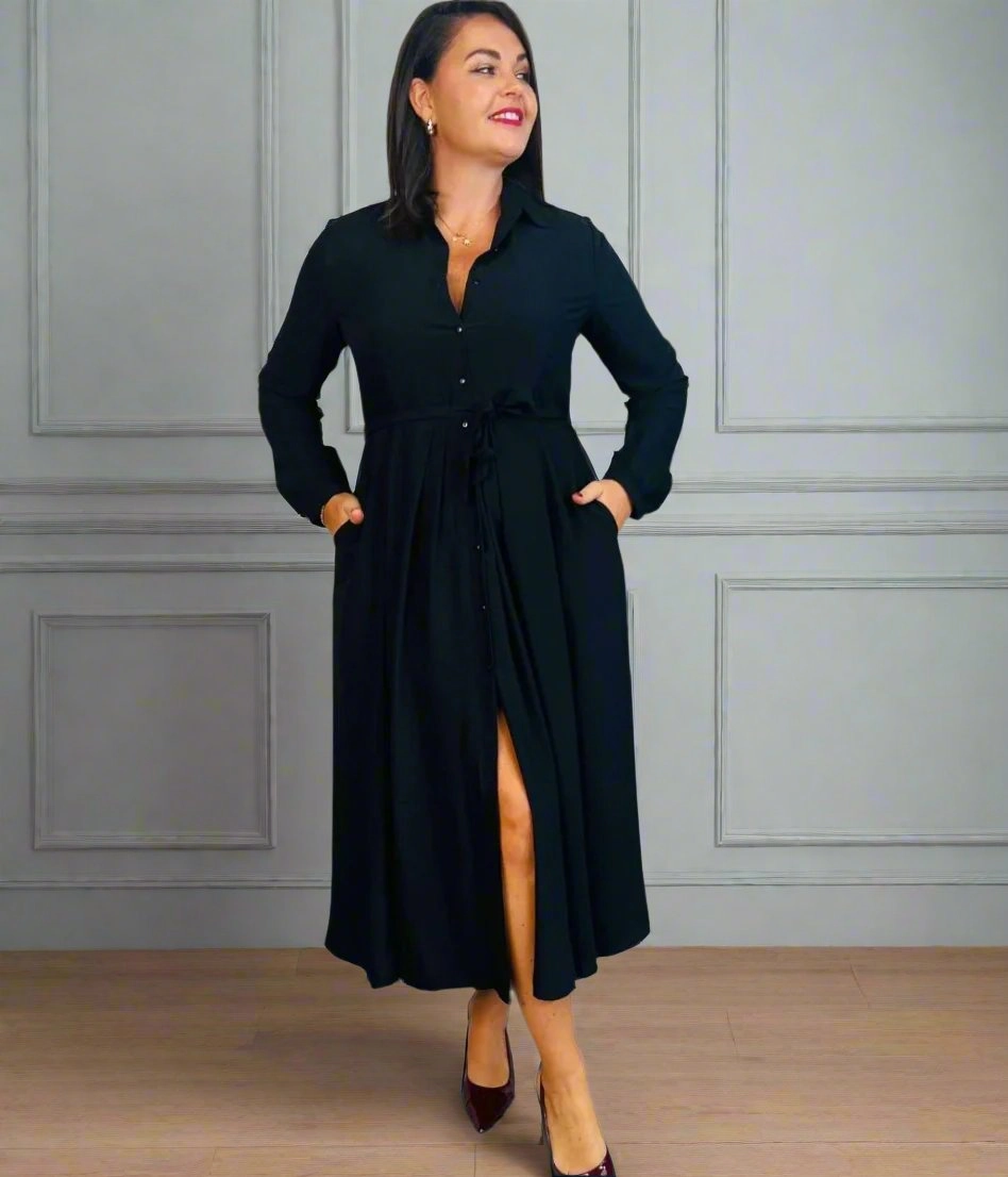 Smart Style Bold Look Chrissie Black Belted Midaxi Shirt Dress