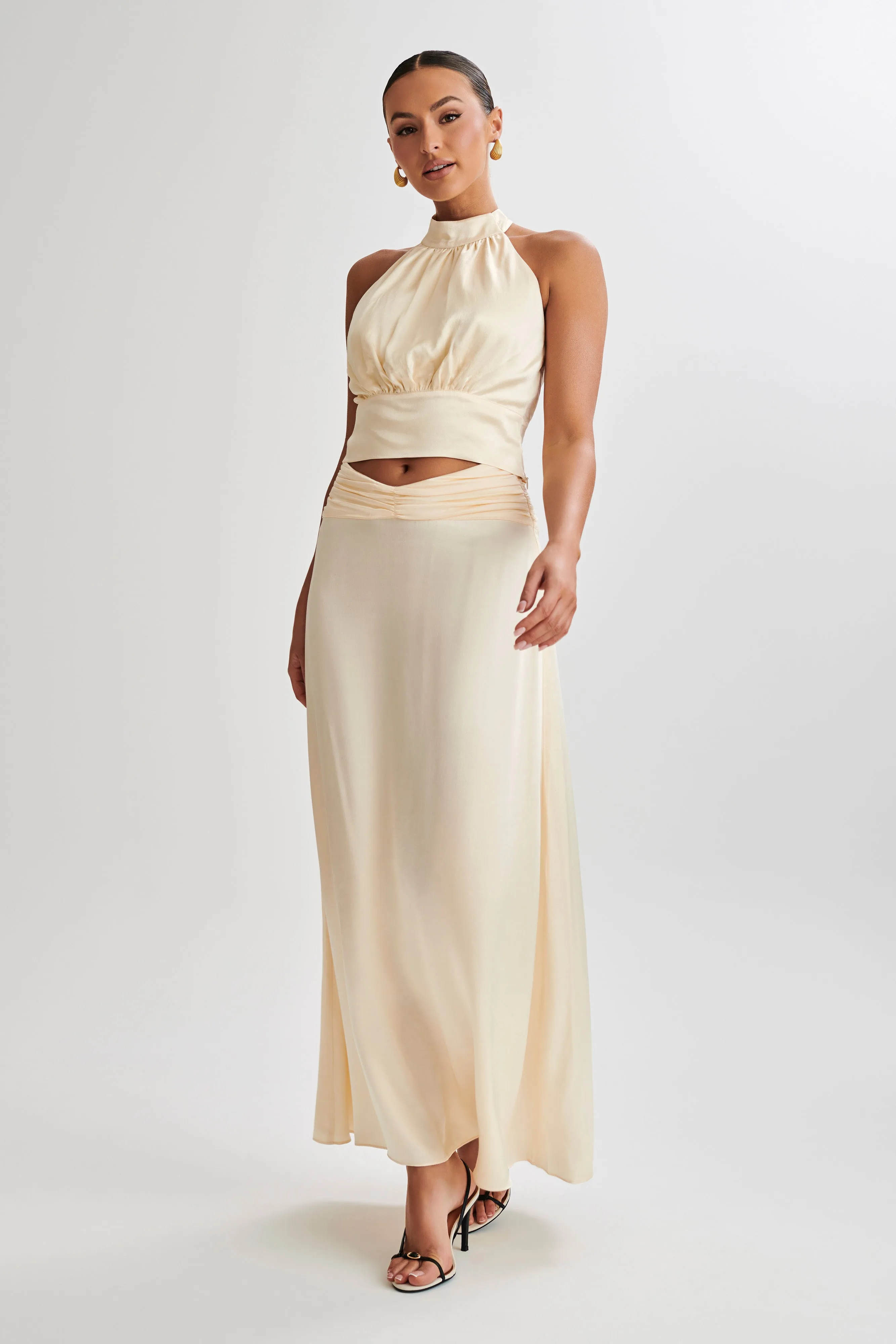 Petal Sleeve Architecture Clara Satin Halter Top - Buttercream