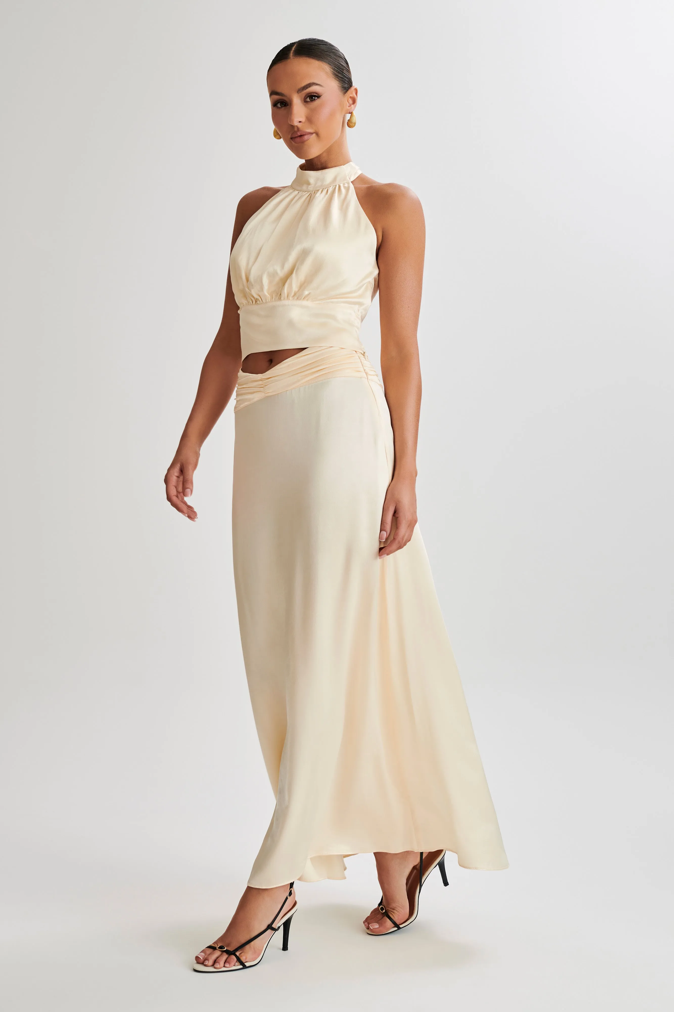 Clara Satin Halter Top - Buttercream Biodegradable Fiber Blend Adjustable Collar System