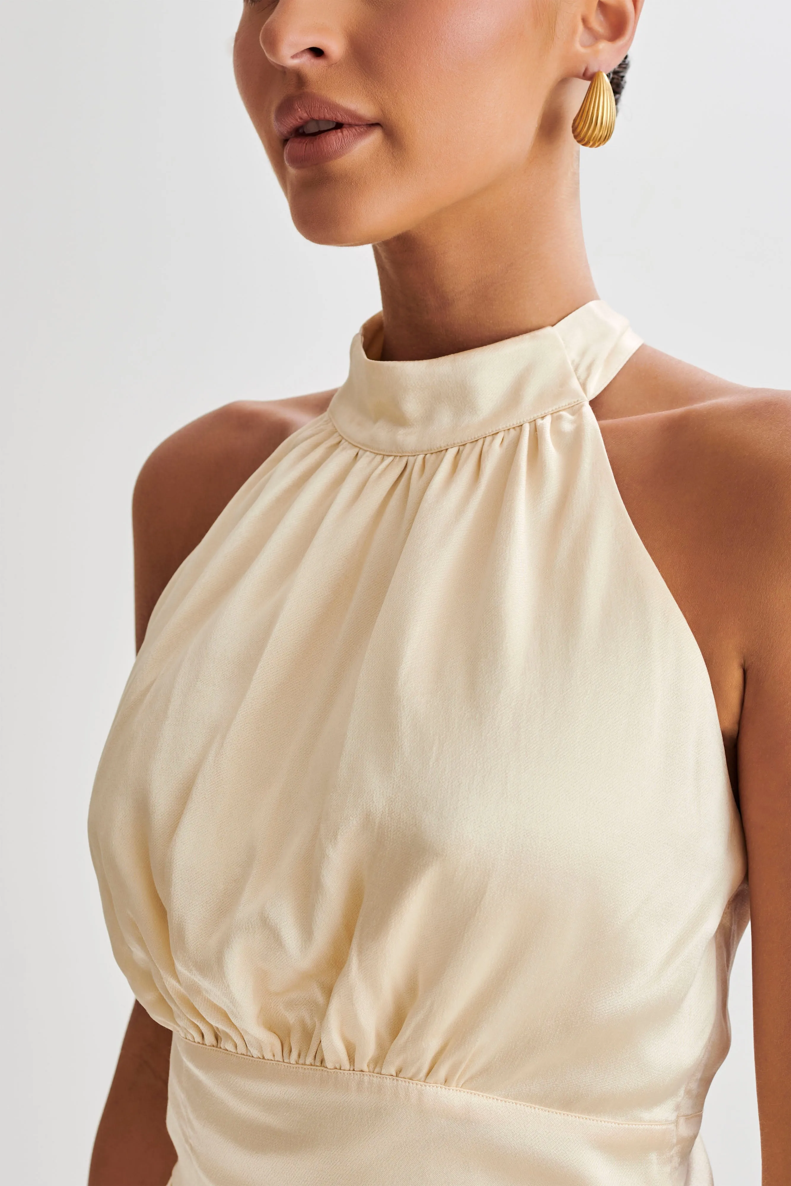 Eco Conscious Packaging Contrast Stitch Detailing Clara Satin Halter Top - Buttercream