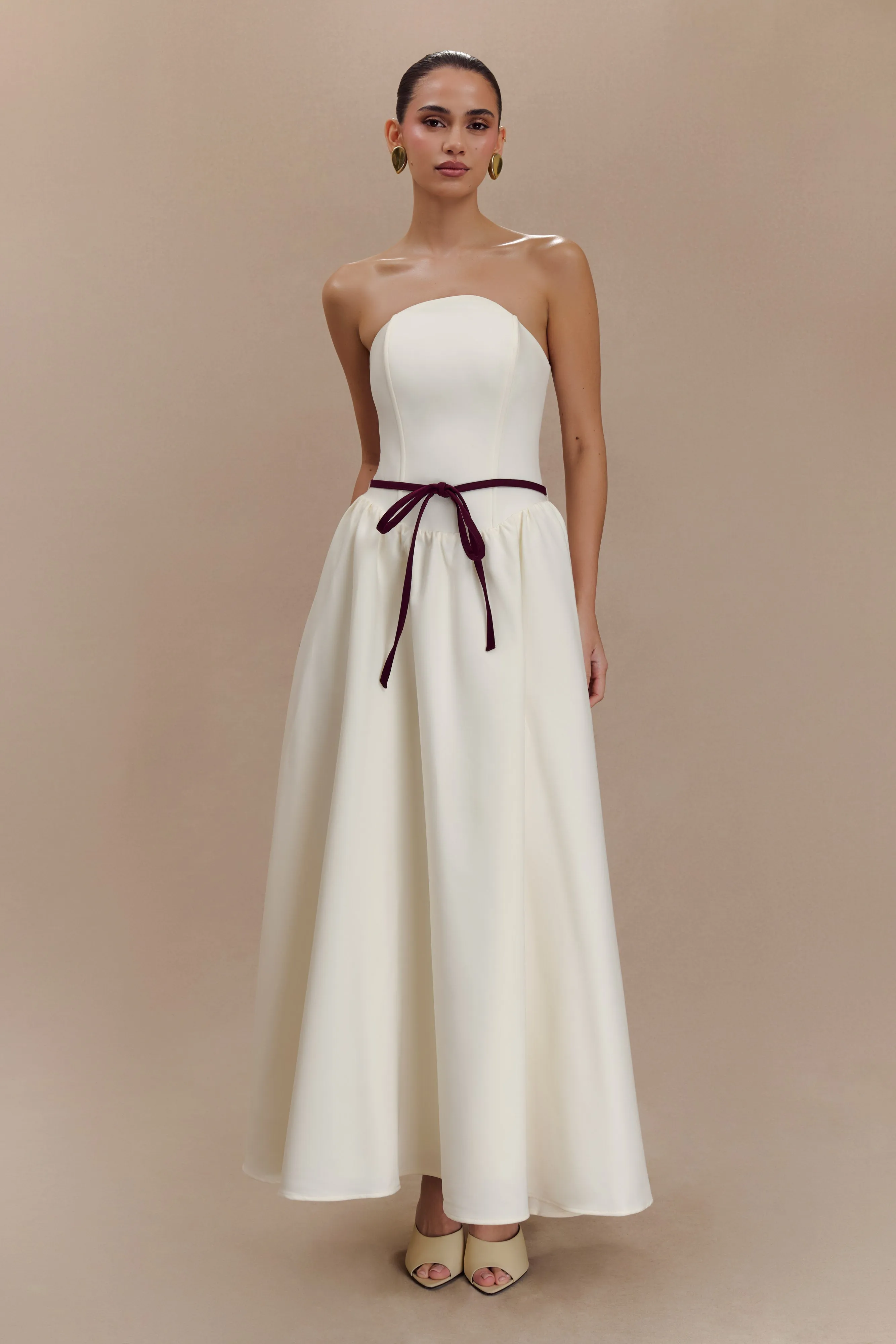 Relaxed and Elegant Penny Strapless Contrast Midi Dress - Ivory & Burgundy