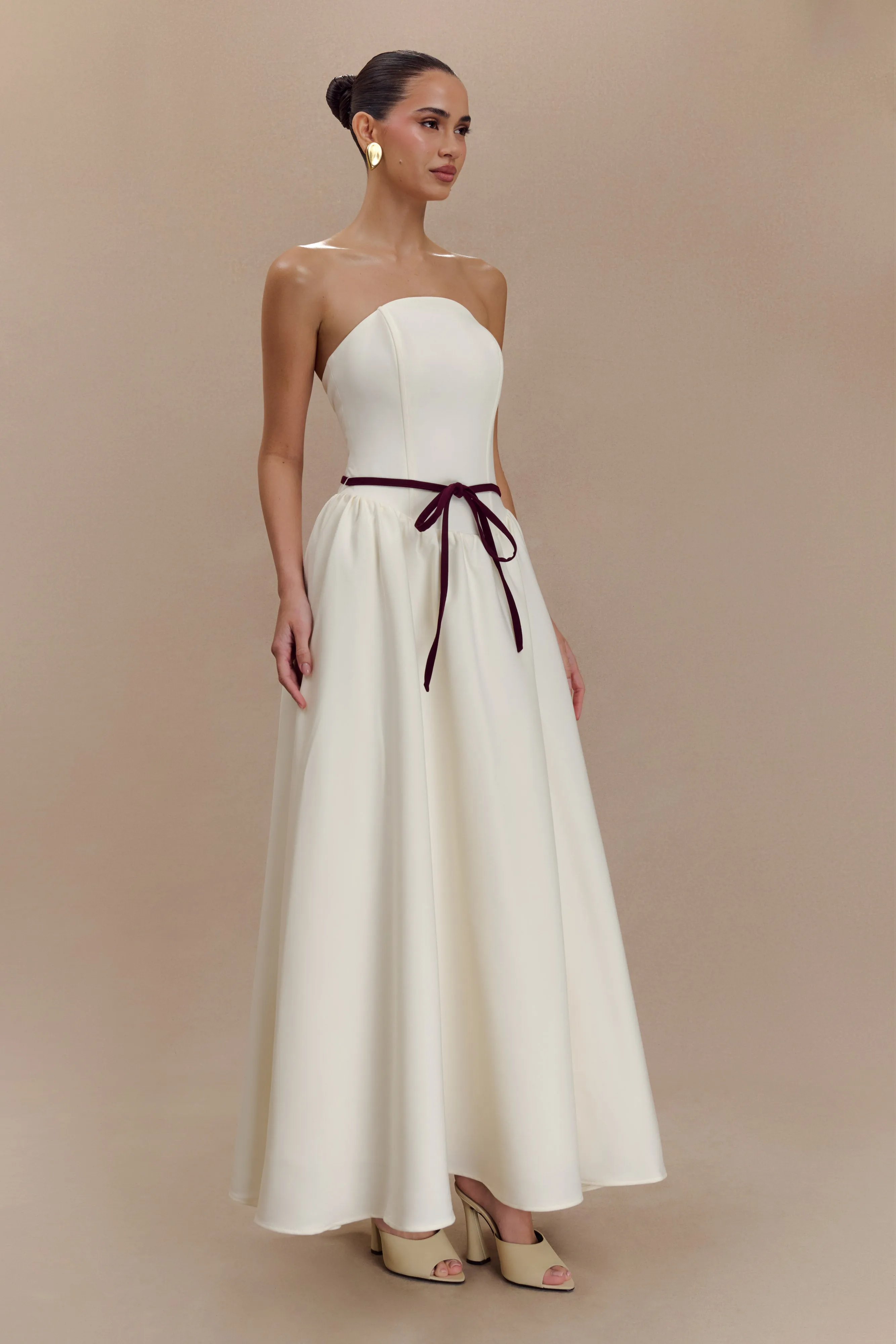 Penny Strapless Contrast Midi Dress - Ivory & Burgundy Chilly Day Layers