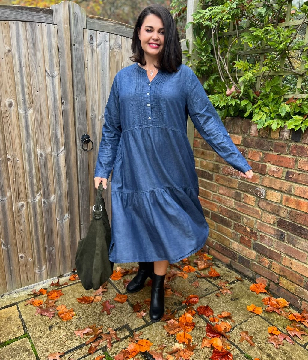 Chambray Tiered Denim Midi Dress All-day Comfort