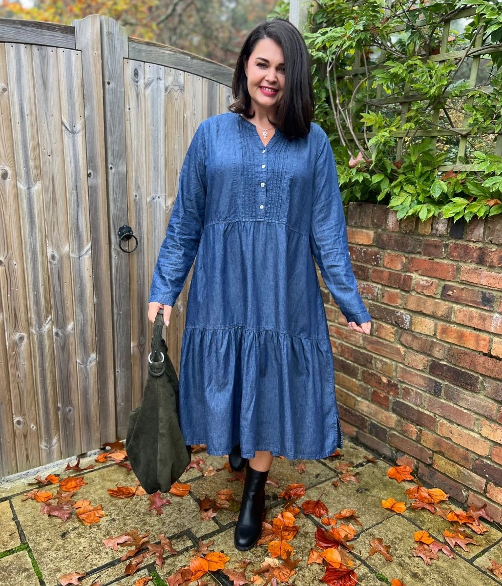 Textured Surface Metallic-Shine Chambray Tiered Denim Midi Dress