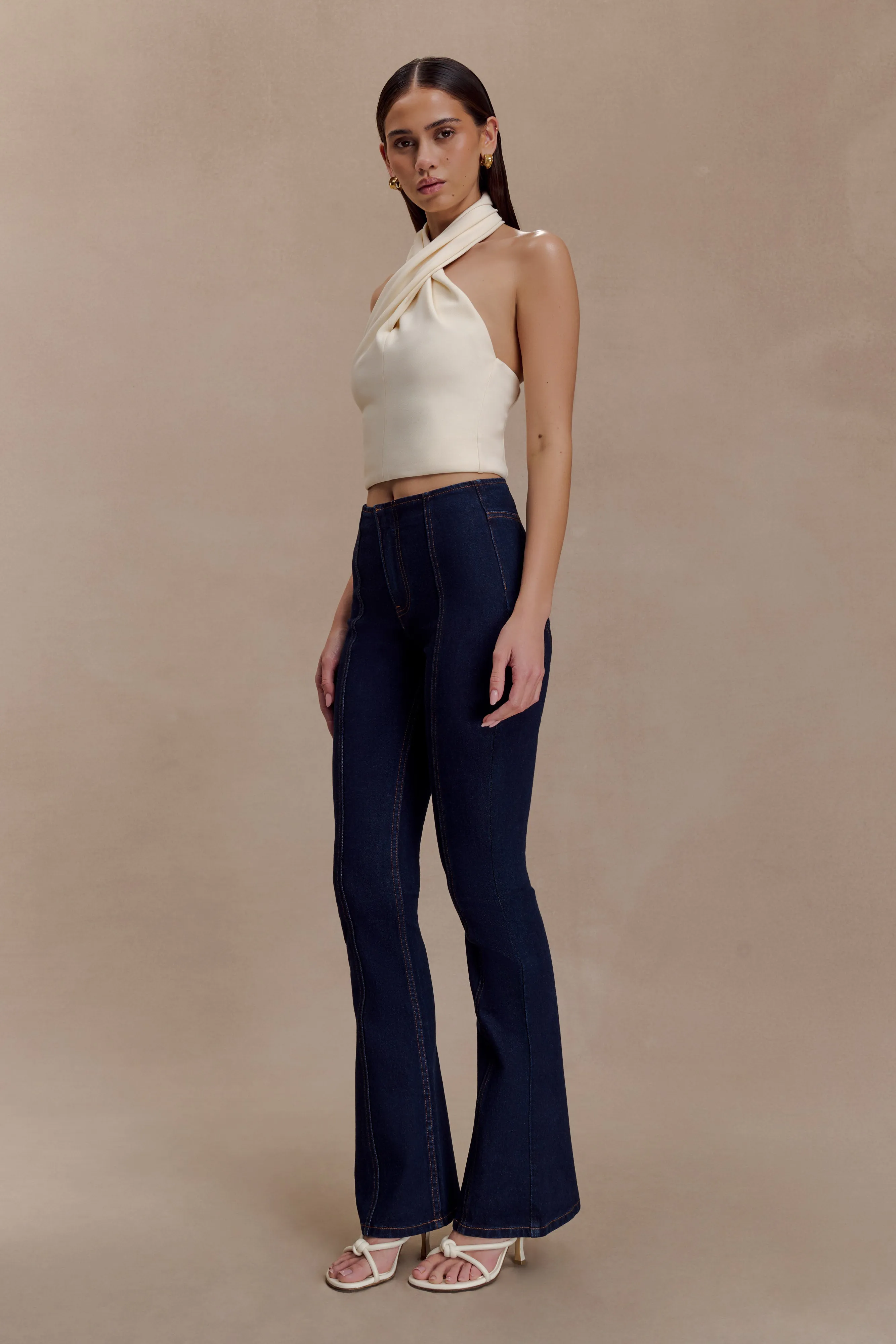 Mid Rise Clio Paneled Flare Jeans - Indigo Blue
