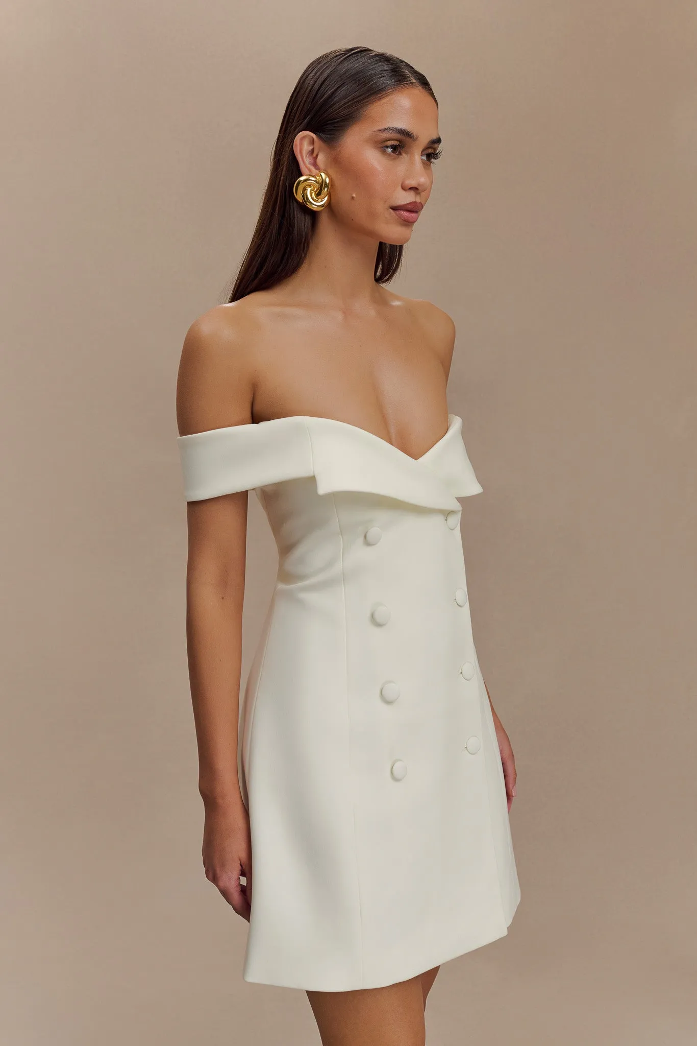 Noelle Off Shoulder Suiting Mini Dress - Ivory Bridal-Shower
