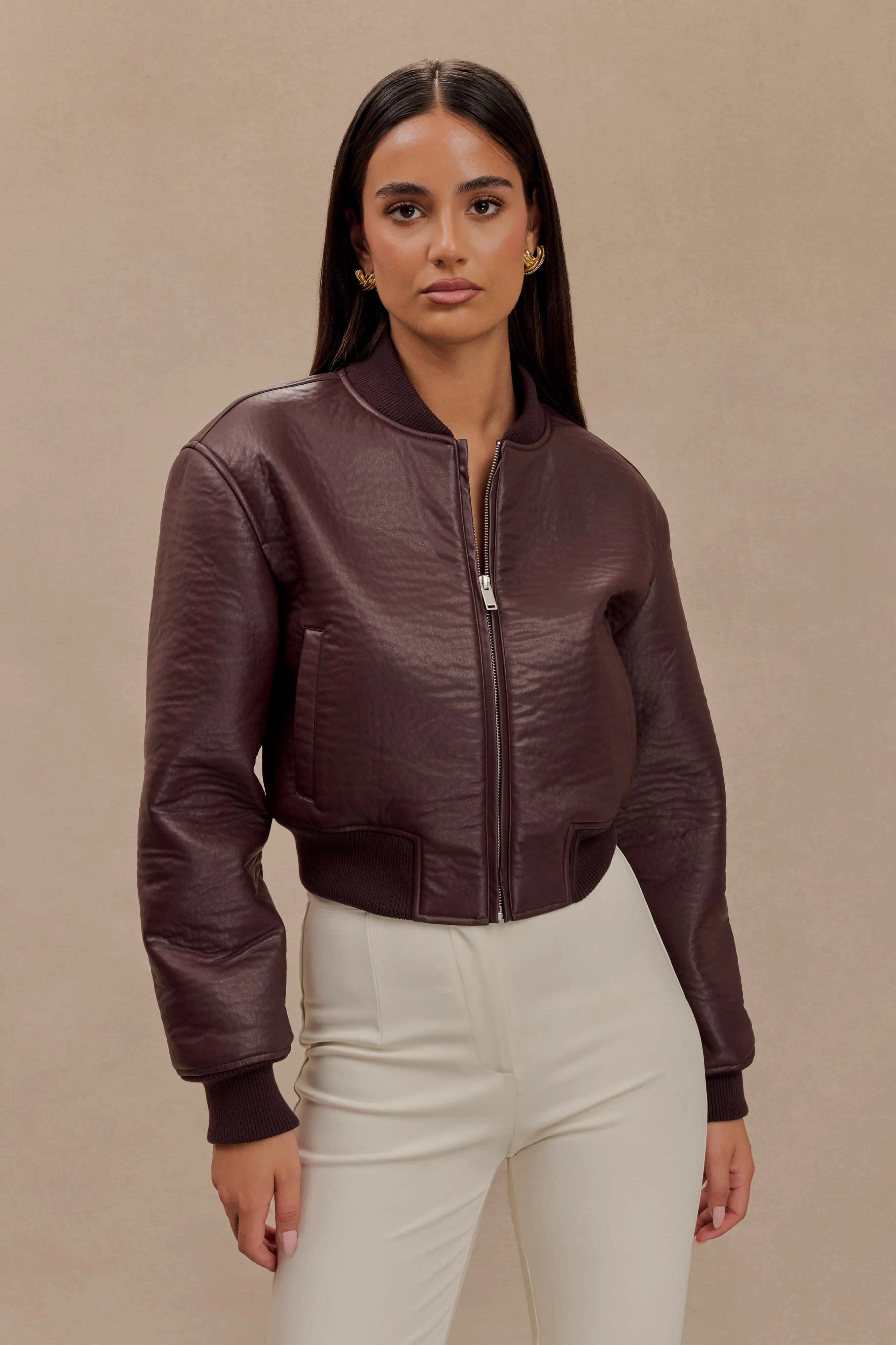 Reinforced Collar Structure Codi Faux Leather Bomber Jacket - Merlot
