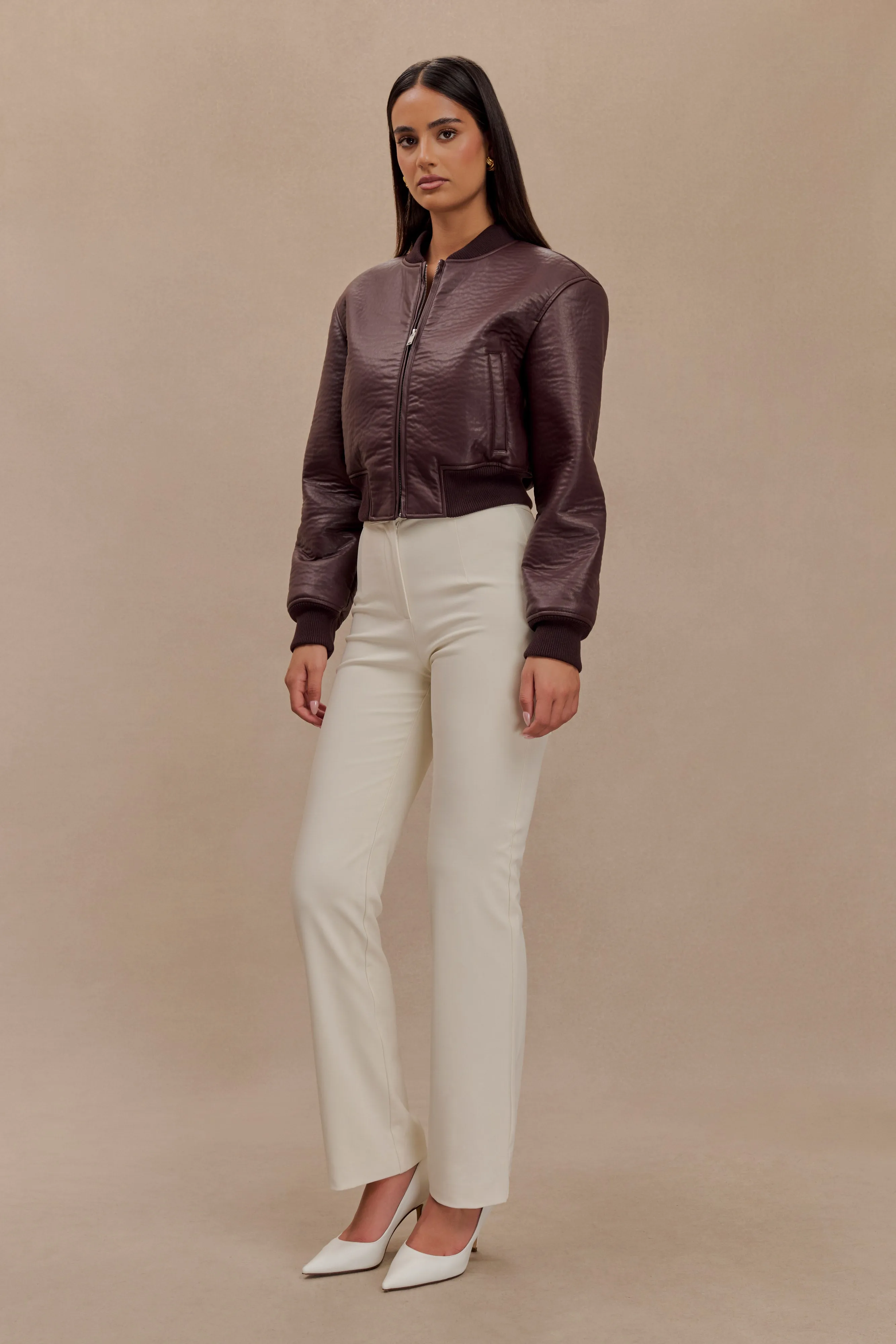 Stretch Comfort Codi Faux Leather Bomber Jacket - Merlot