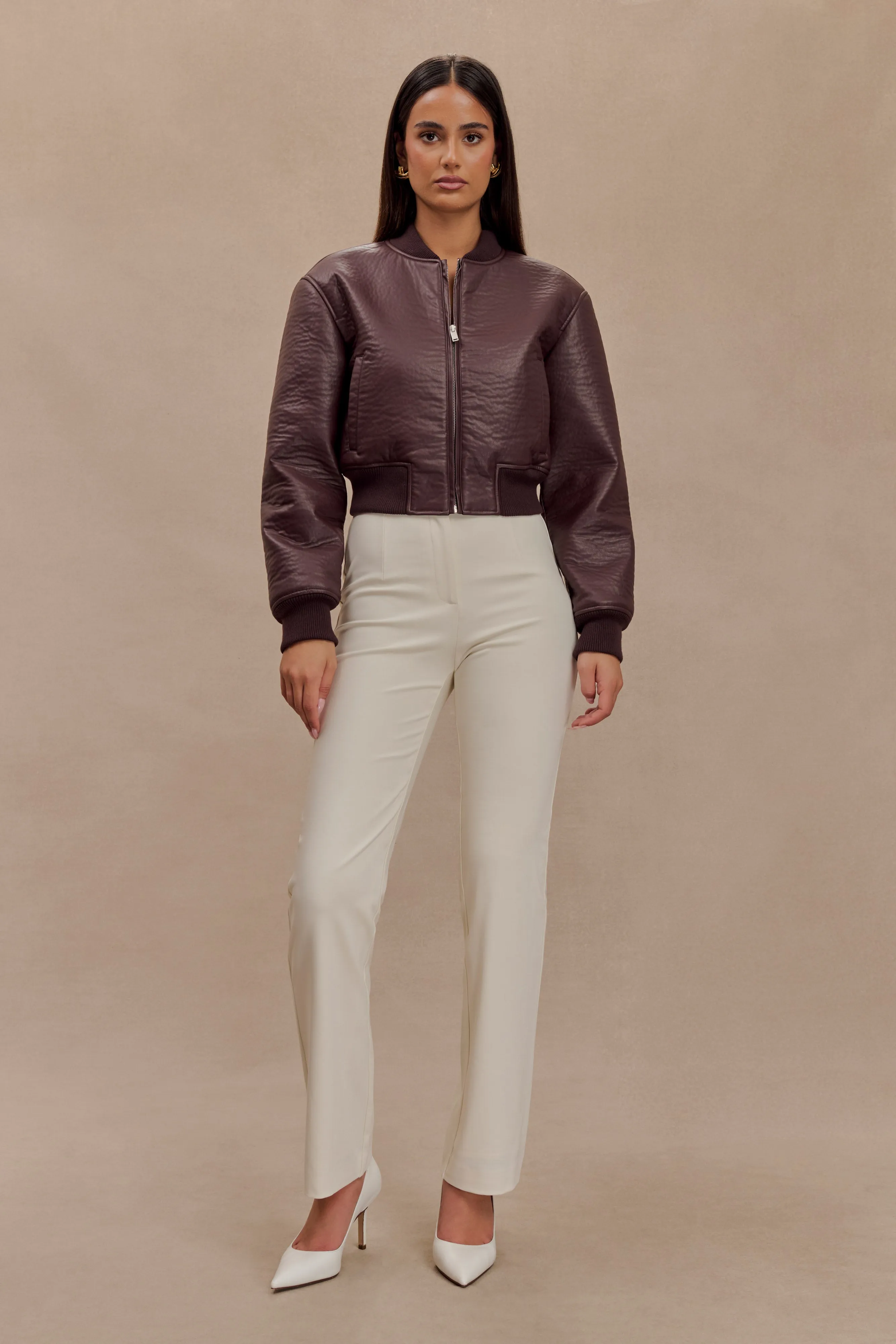 Light Look Stain Resistant Material Codi Faux Leather Bomber Jacket - Merlot