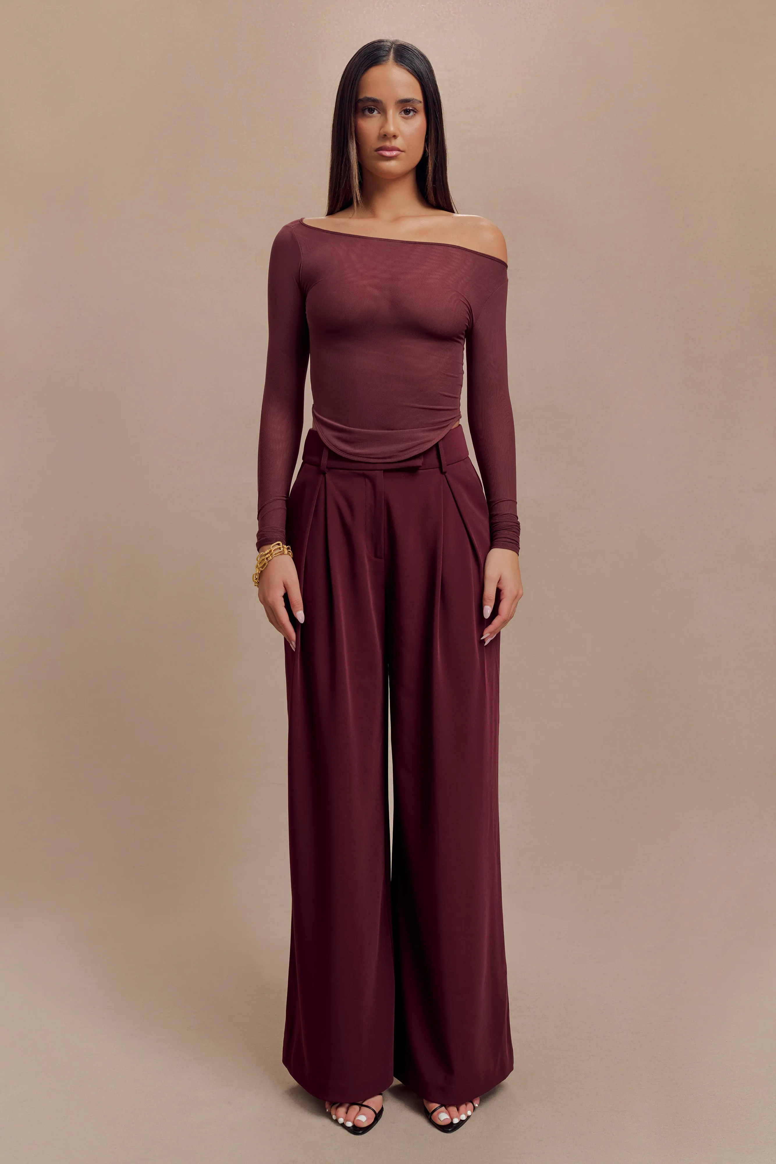 Comfortable Look Colette Boat Neck Mesh Top - Mahogany