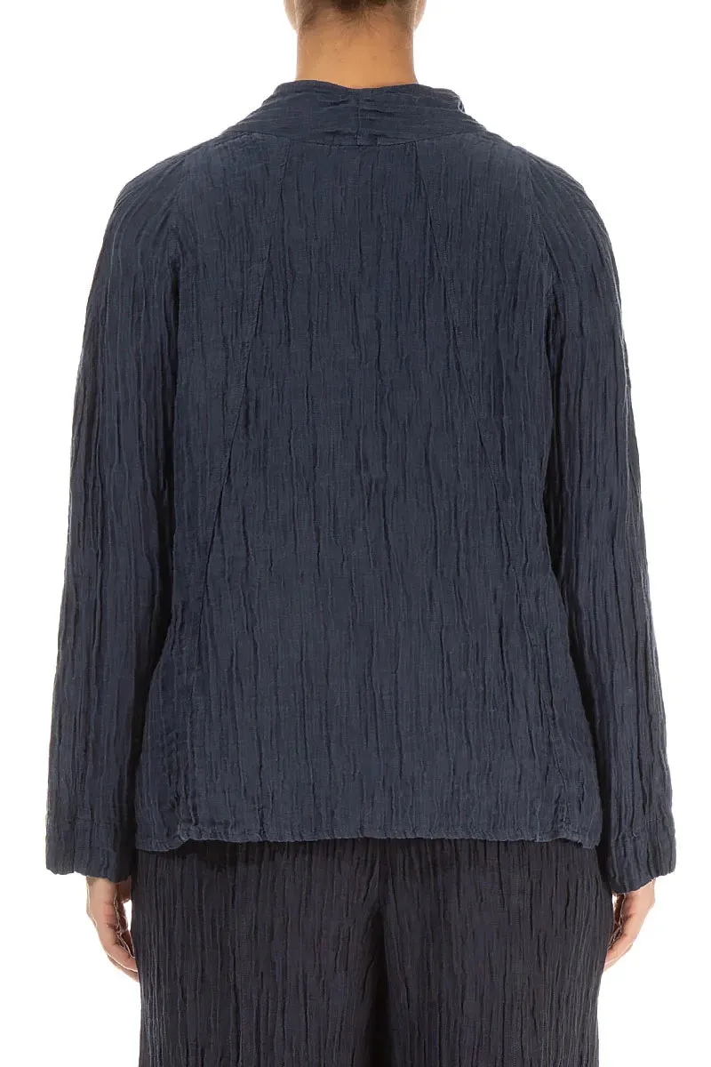 Light Travel Piece Laser Cut Vents Collar Crinkled Graphite Blue Silk Jacket