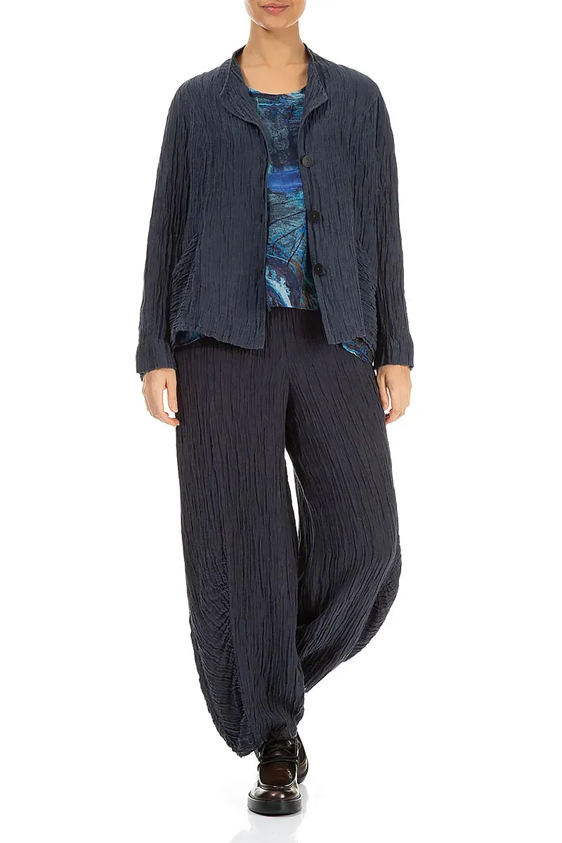 Odor Resistant Tech Flexible Zipper Guards Collar Crinkled Graphite Blue Silk Jacket