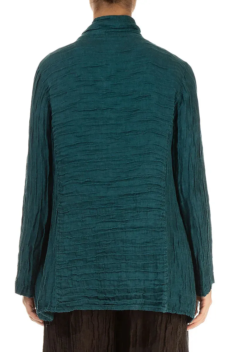 Magnetic Closure System Collar Crinkled Peacock Silk Linen Jacket