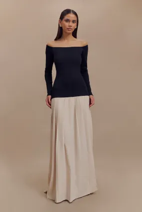 Presley Contrast Knit Off Shoulder Maxi Dress - Navy And Cream Bow Soft Gentle Look