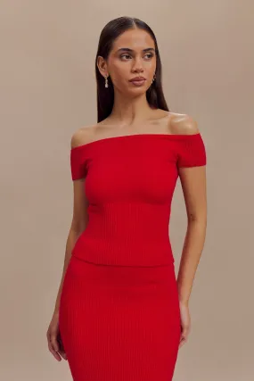 MeshPanelIntegration Mathilde Ribbed Knit Off Shoulder Top - Ruby