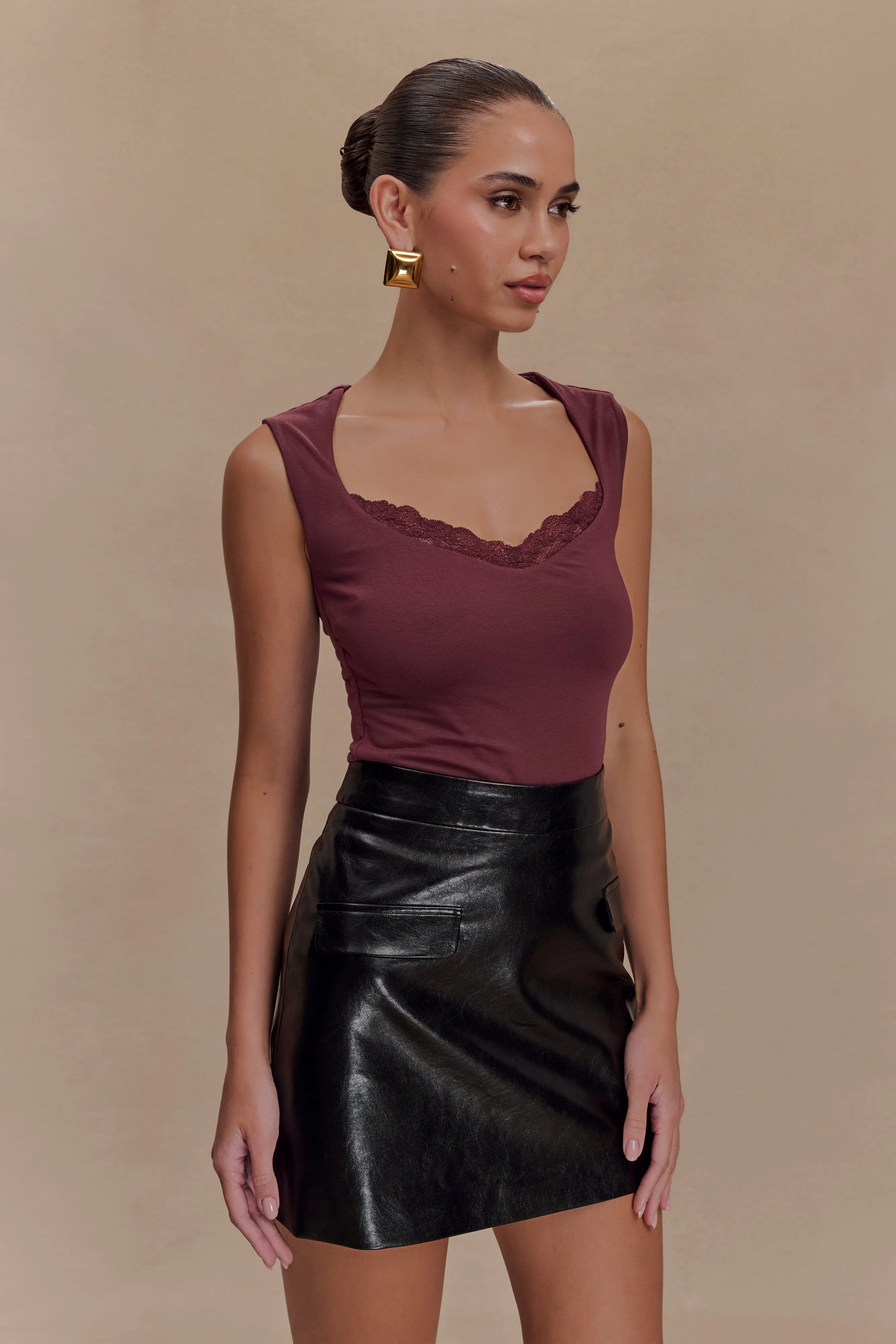 Tatianna Lace Trim Modal Top - Mahogany UltraFineMesh