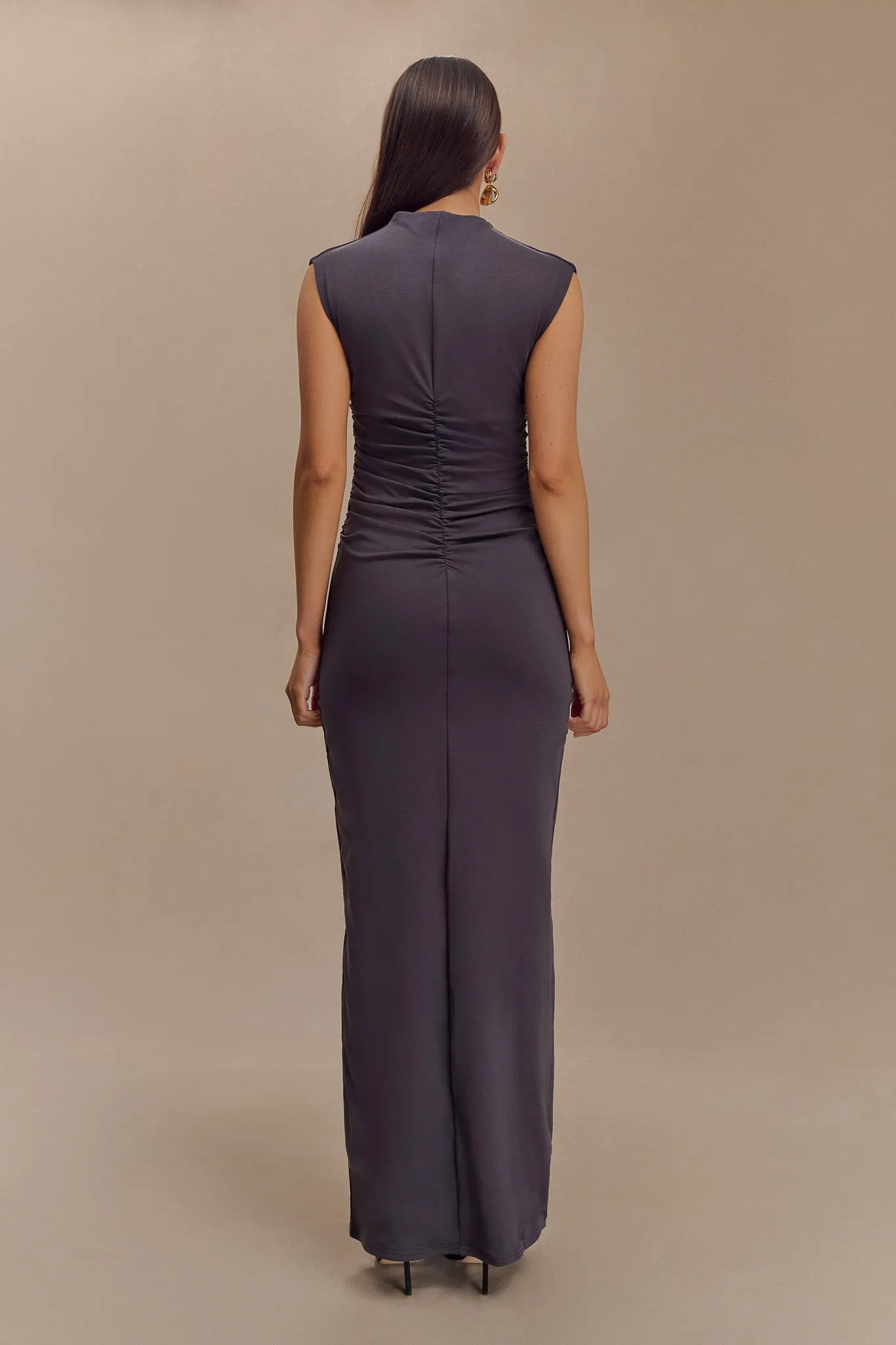 Soft Texture Elliot High Neck Sleeveless Maxi Dress - Dark Charcoal