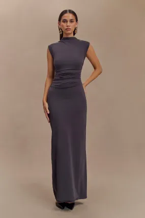 Elliot High Neck Sleeveless Maxi Dress - Dark Charcoal Statement-Buttons Flattering Cut