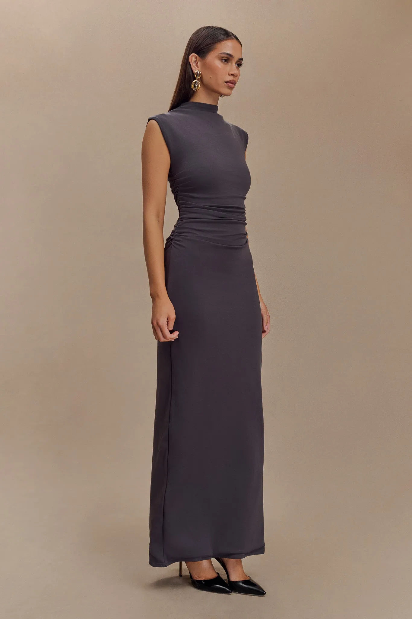 Elliot High Neck Sleeveless Maxi Dress - Dark Charcoal Shirred-Detail Fitted Design