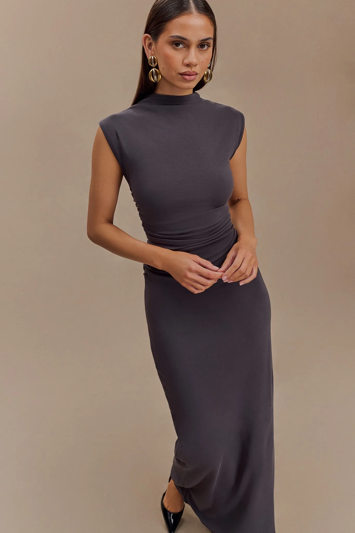 Smooth Flow Elliot High Neck Sleeveless Maxi Dress - Dark Charcoal