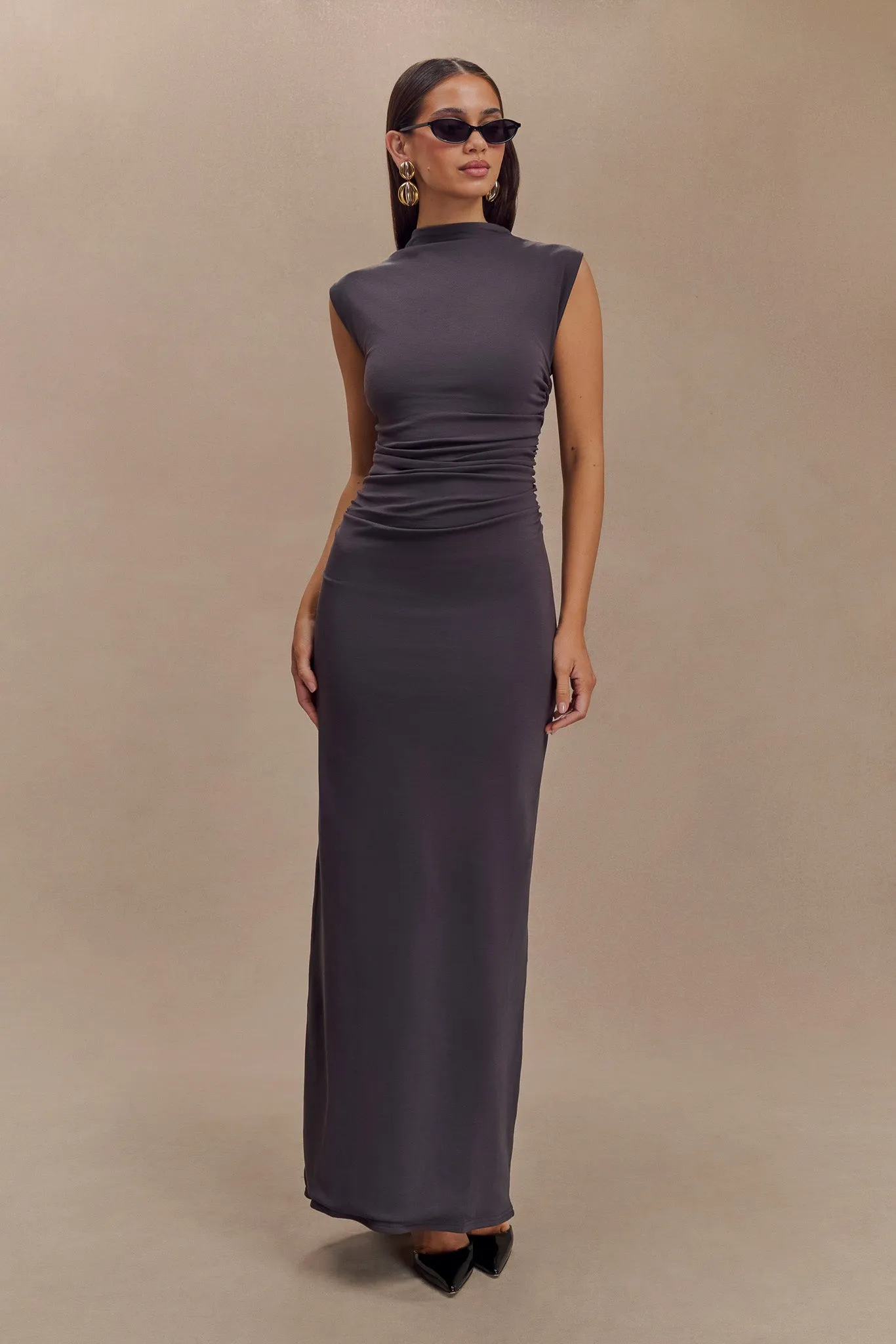 Elliot High Neck Sleeveless Maxi Dress - Dark Charcoal Natural Fit