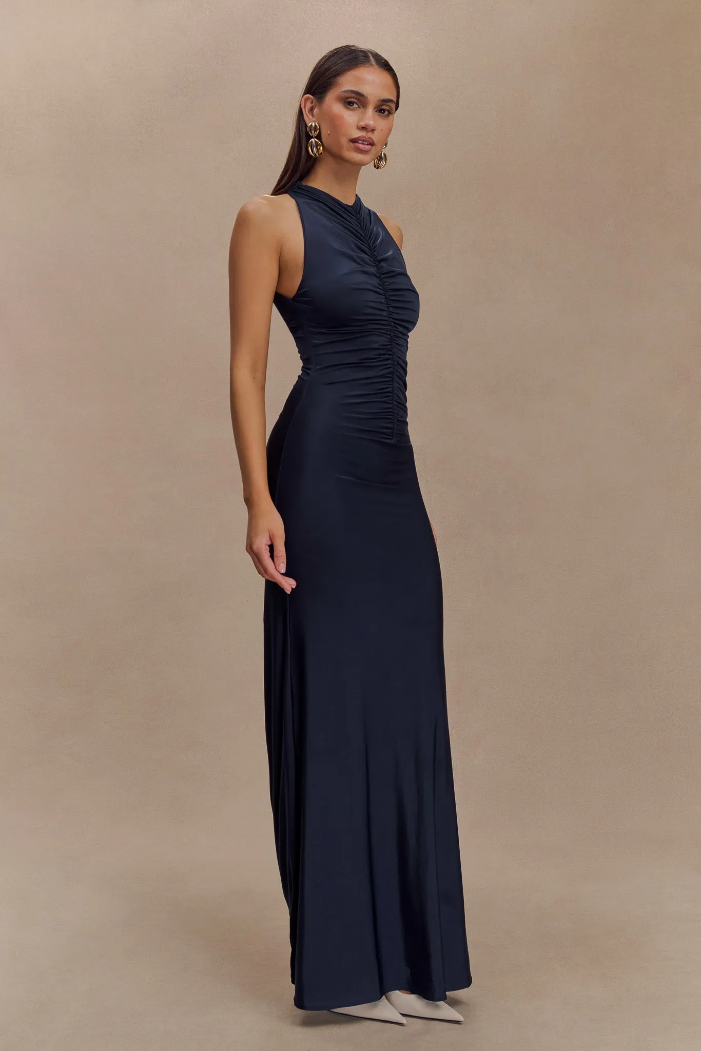 Smart Glide Priya Slinky Ruched Halter Maxi Dress - Navy