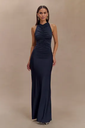 Timeless Piece Priya Slinky Ruched Halter Maxi Dress - Navy