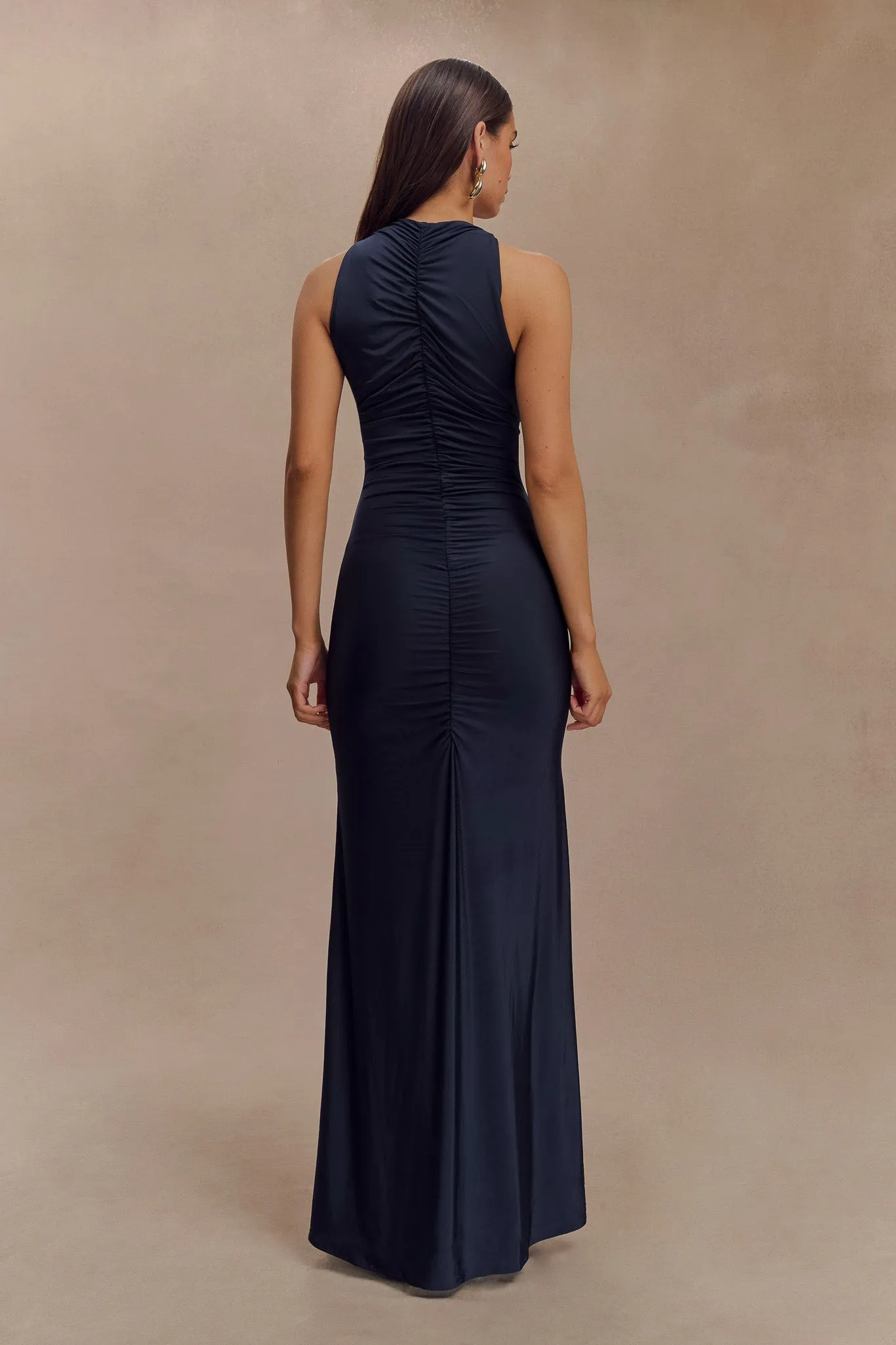 Priya Slinky Ruched Halter Maxi Dress - Navy Fitted Style Chic Energy