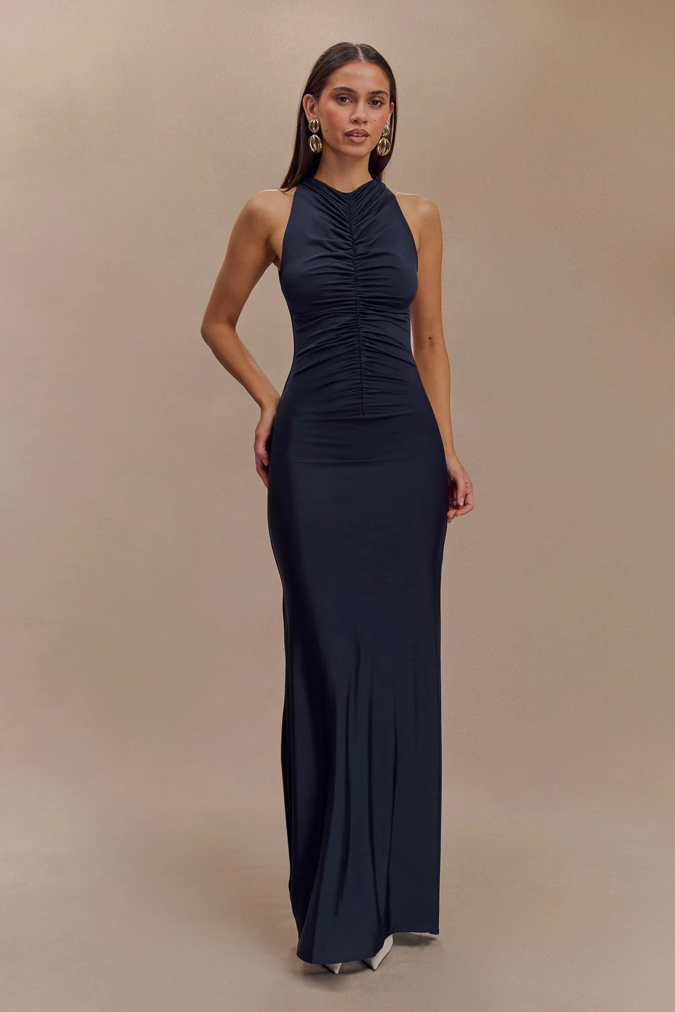Priya Slinky Ruched Halter Maxi Dress - Navy Soft Pleats Stylish Pick