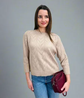 Oatmeal Pointelle Crew Neck Jumper Casual Warmth Breathable Open Weave