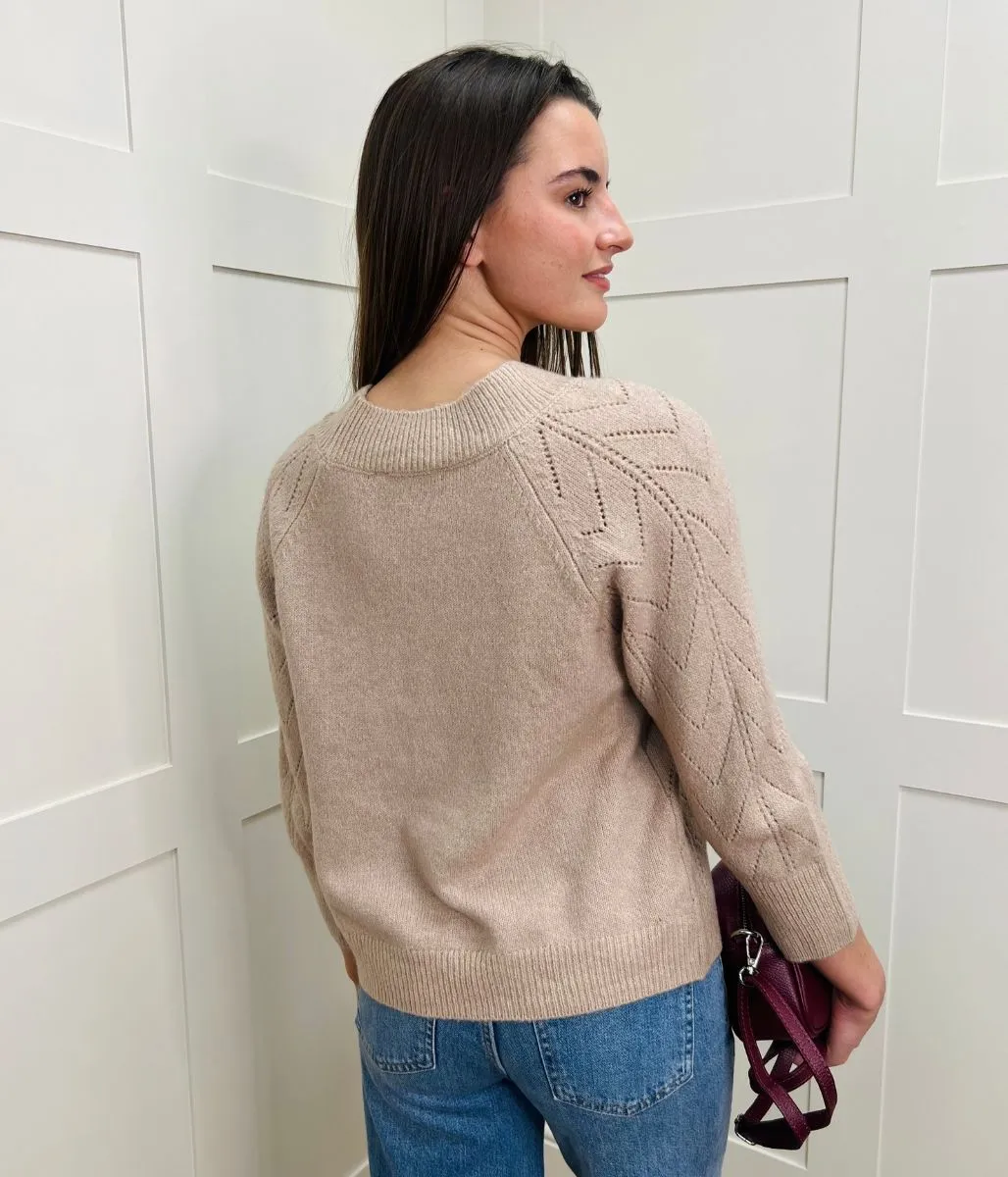 Layered Look Versatile Wear Oatmeal Pointelle Crew Neck Jumper