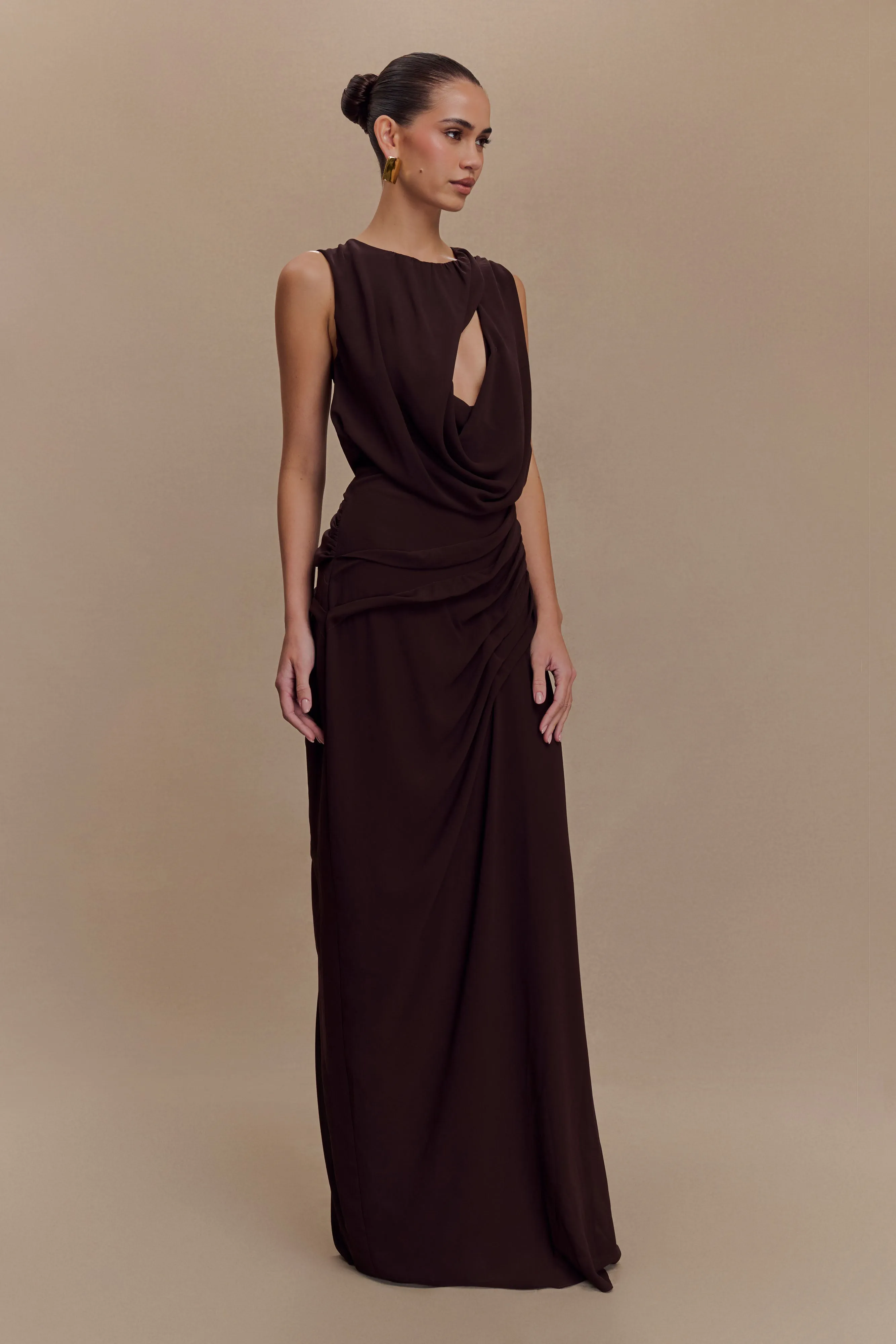 Oria Chiffon Maxi Dress - Cacao Brown Noble Aura Perfectly Styled