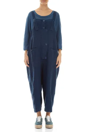 Strappy Royal Blue Linen Jumpsuit Flat Lock Seams Adaptable Fit