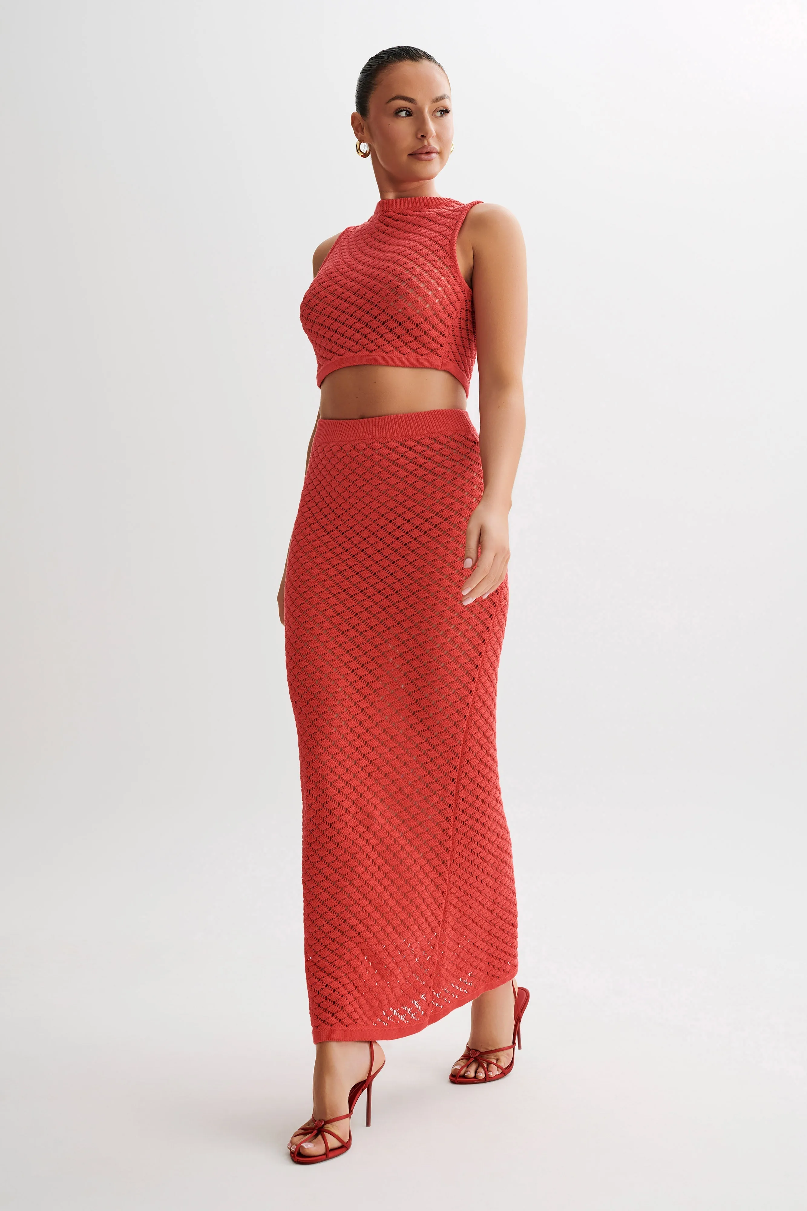 Guiliana Knit Maxi Skirt - Pomegranate Stretch Panel Soft and Cozy