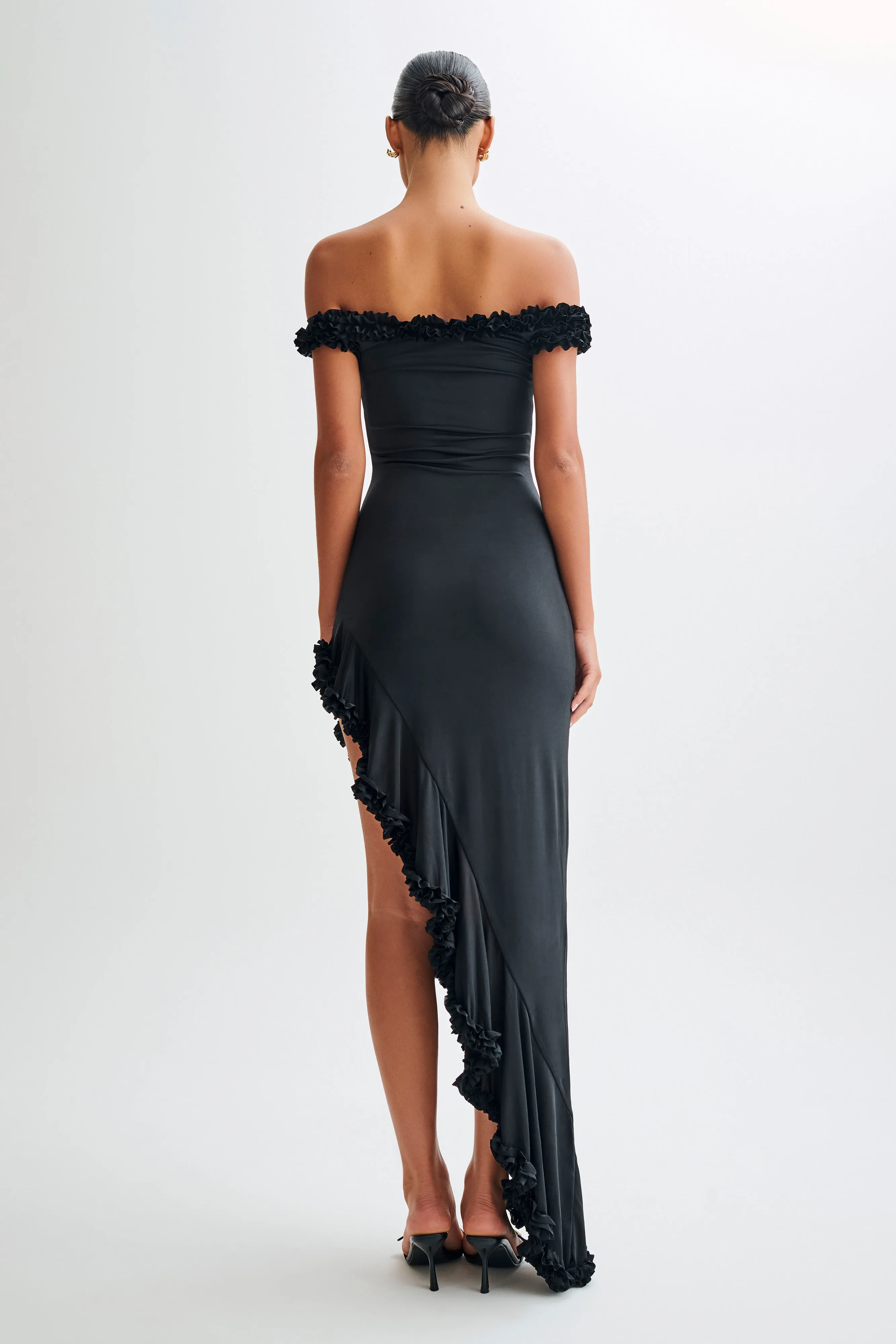 Chic Layered Wear Timeless Shape Arielle Off Shoulder Ruffle Midi Dress - Black