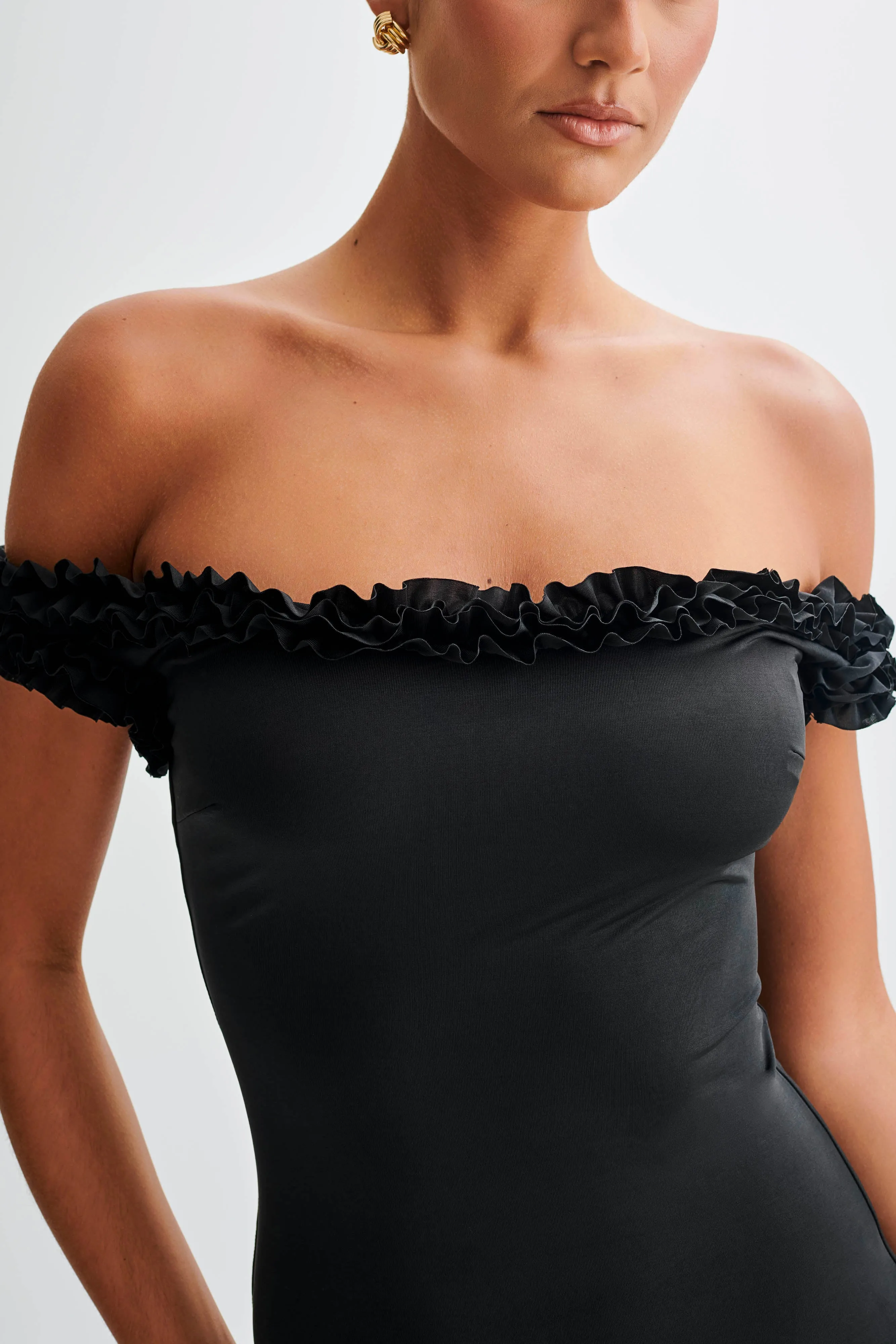 BreathableFabric Arielle Off Shoulder Ruffle Midi Dress - Black