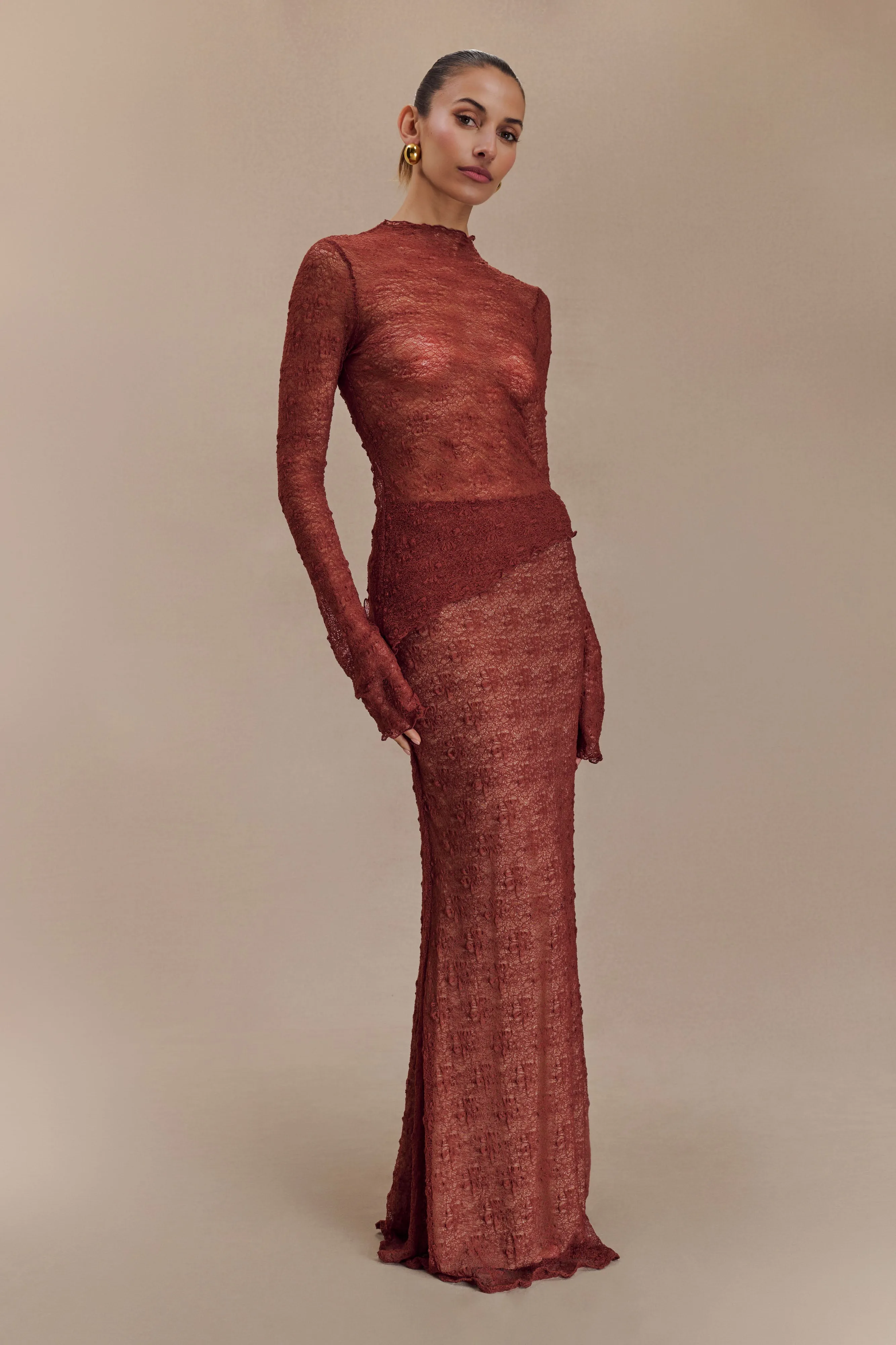 Robyn Sheer Lace Maxi Skirt - Chilli Soft Stretch