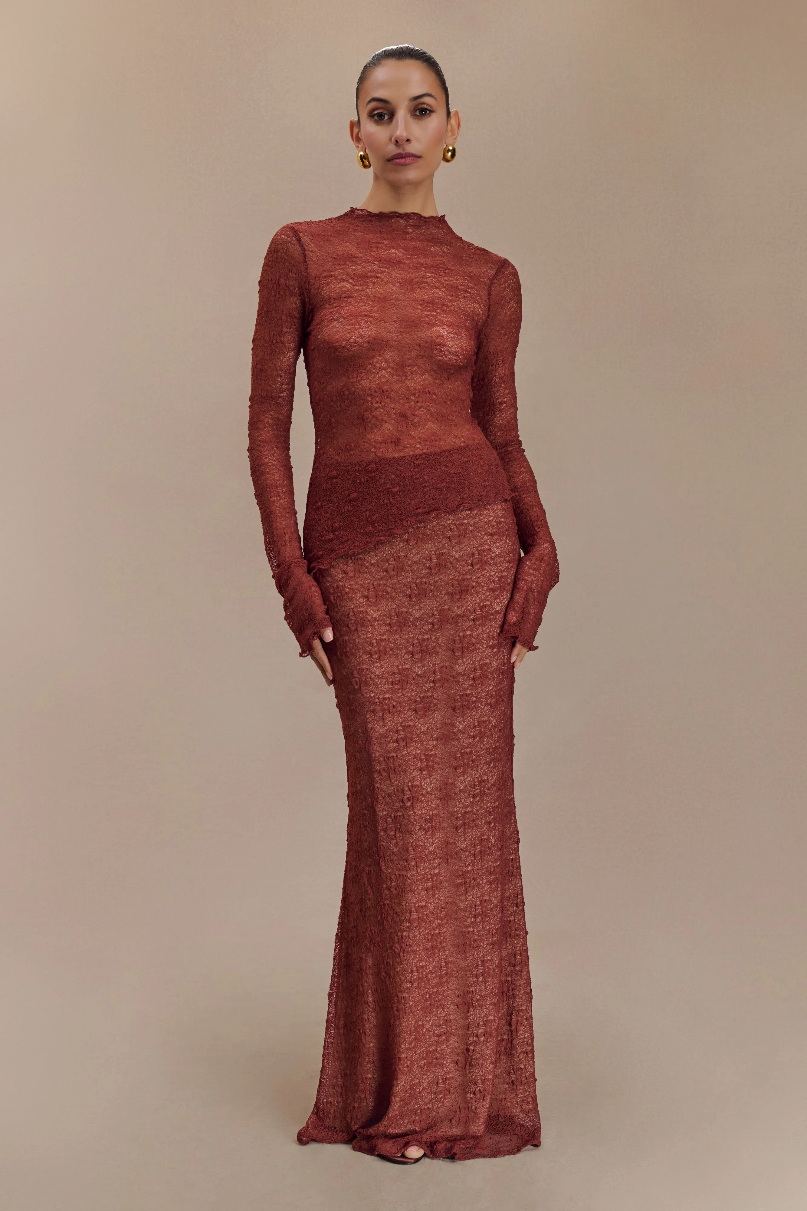 Sleek Fit Relaxed Design Wear Robyn Sheer Lace Maxi Skirt - Chilli