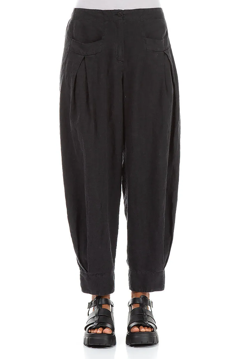Seamless Waistband WindResistantMaterial Tapered Pockets Black Linen Trousers