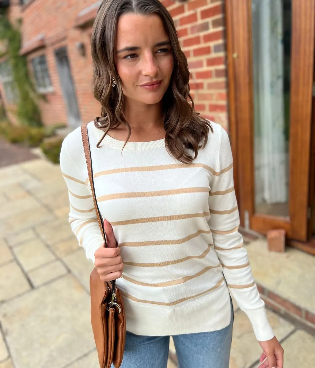 Comfy Layered Wear Snuggle Fit Ivory & Beige Stripe Fine Knit Jumper