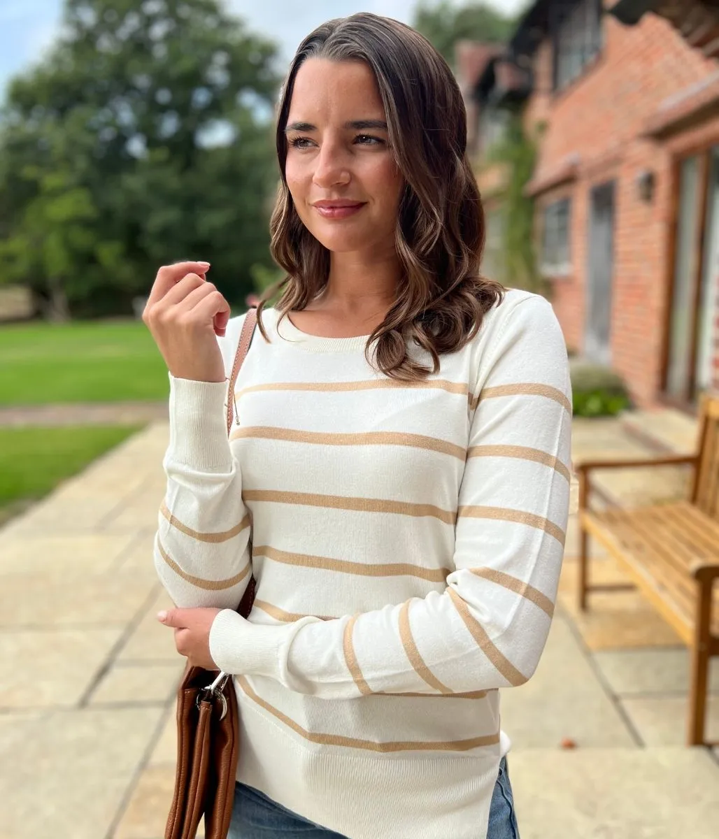 Quick Fit Performance Reinforced Shoulder Seams Ivory & Beige Stripe Fine Knit Jumper