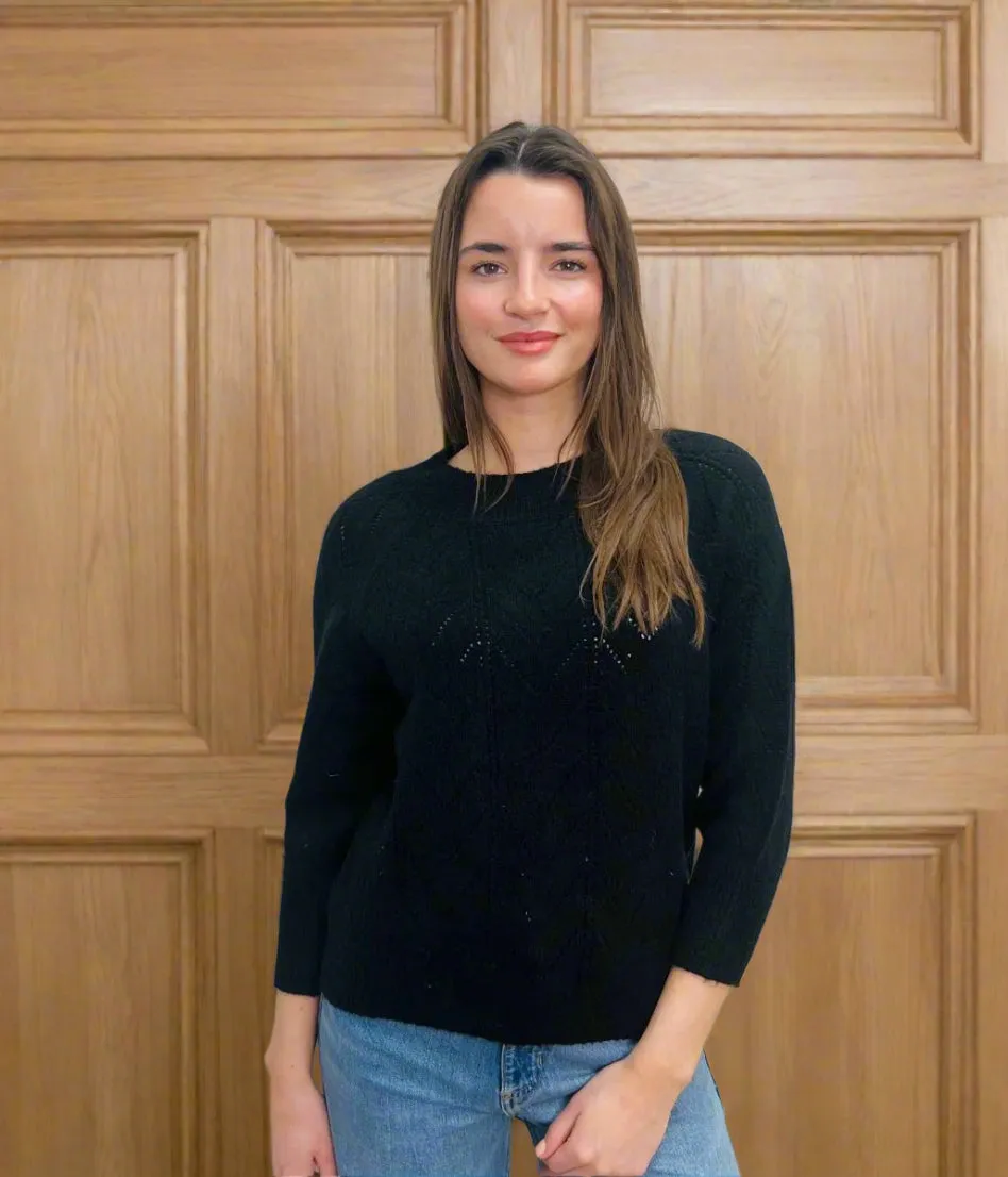 Black Pointelle Crew Neck Jumper All Season Knit Breathable Style