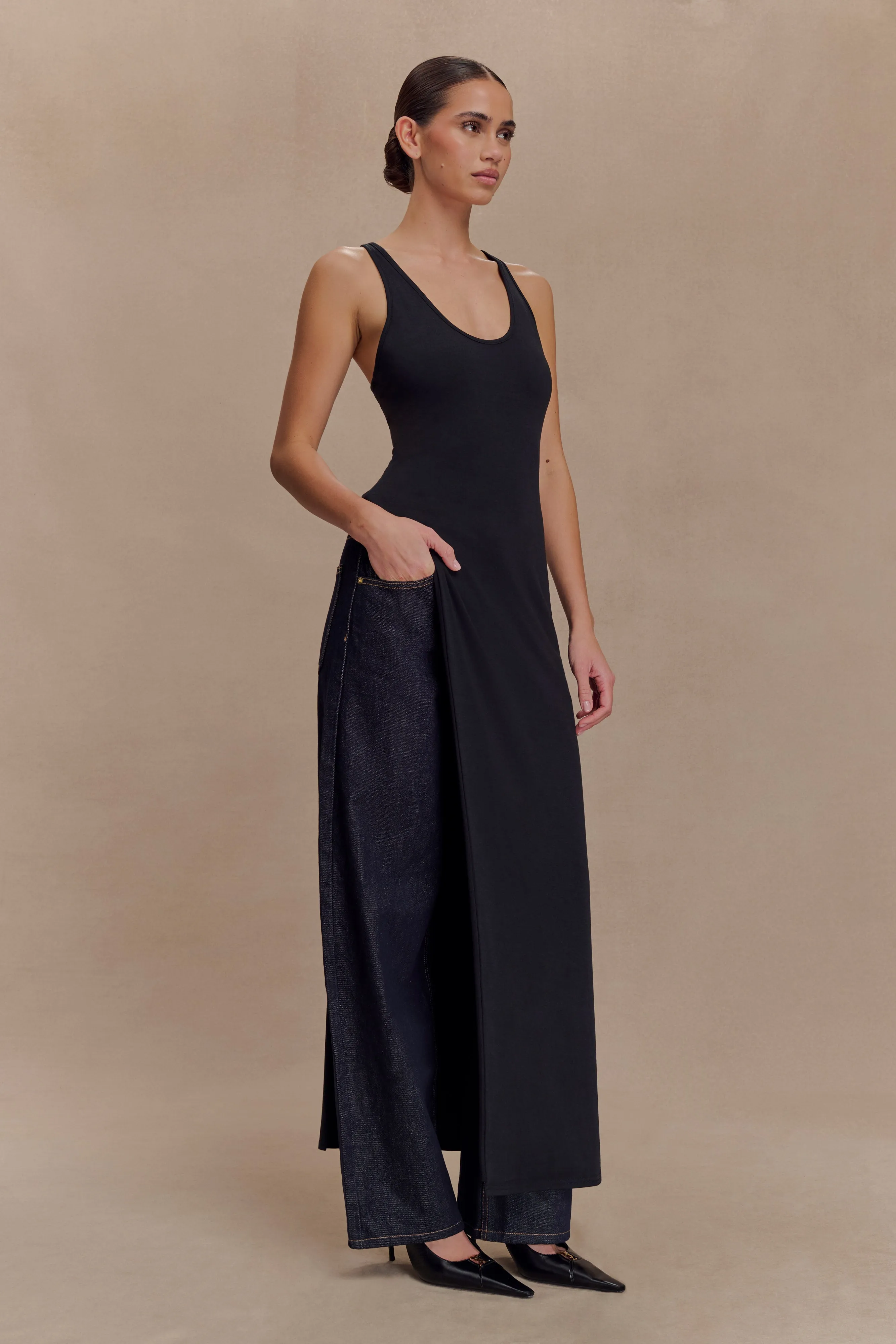 Layered Neckline Details Low Impact Manufacturing Ellerie Longline Racerback Top - Black