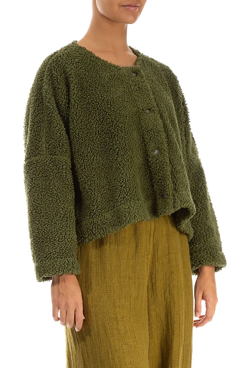 Snap Front Olive Teddy Cotton Jacket Easy Movement Cut