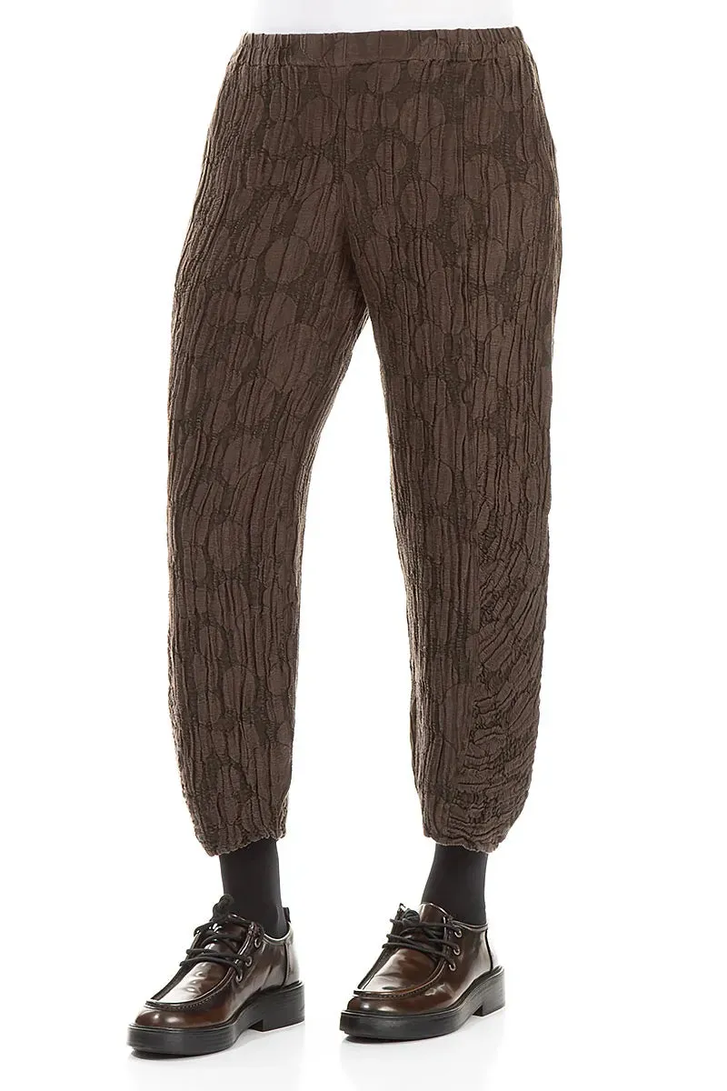 Ruched Hem Forest Brown Circle Silk Linen Trousers Flatlock Seams Reinforced Pockets